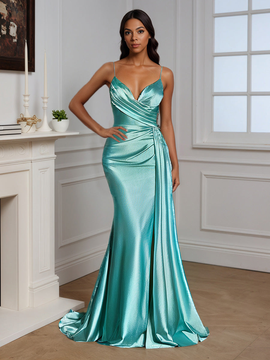 Cicinia Robe de Soirée PISCINE en Satin à Bretelles Spaghetti ruchée Décolleté en V avec Traîne Balayée