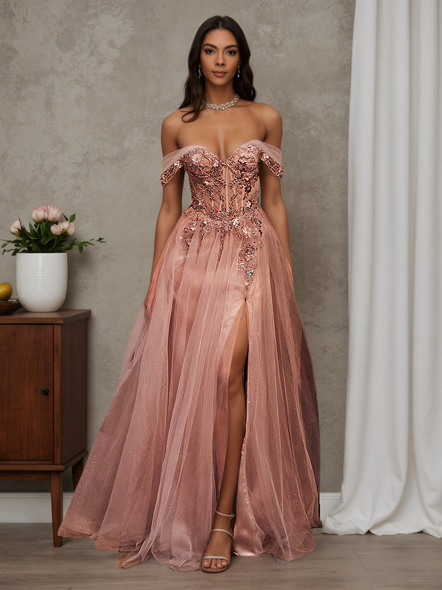 Cicinia Robe de Soirée ROSE POUDRE Longue A-Line en Tulle Épaules Dénudées Fente Charmante