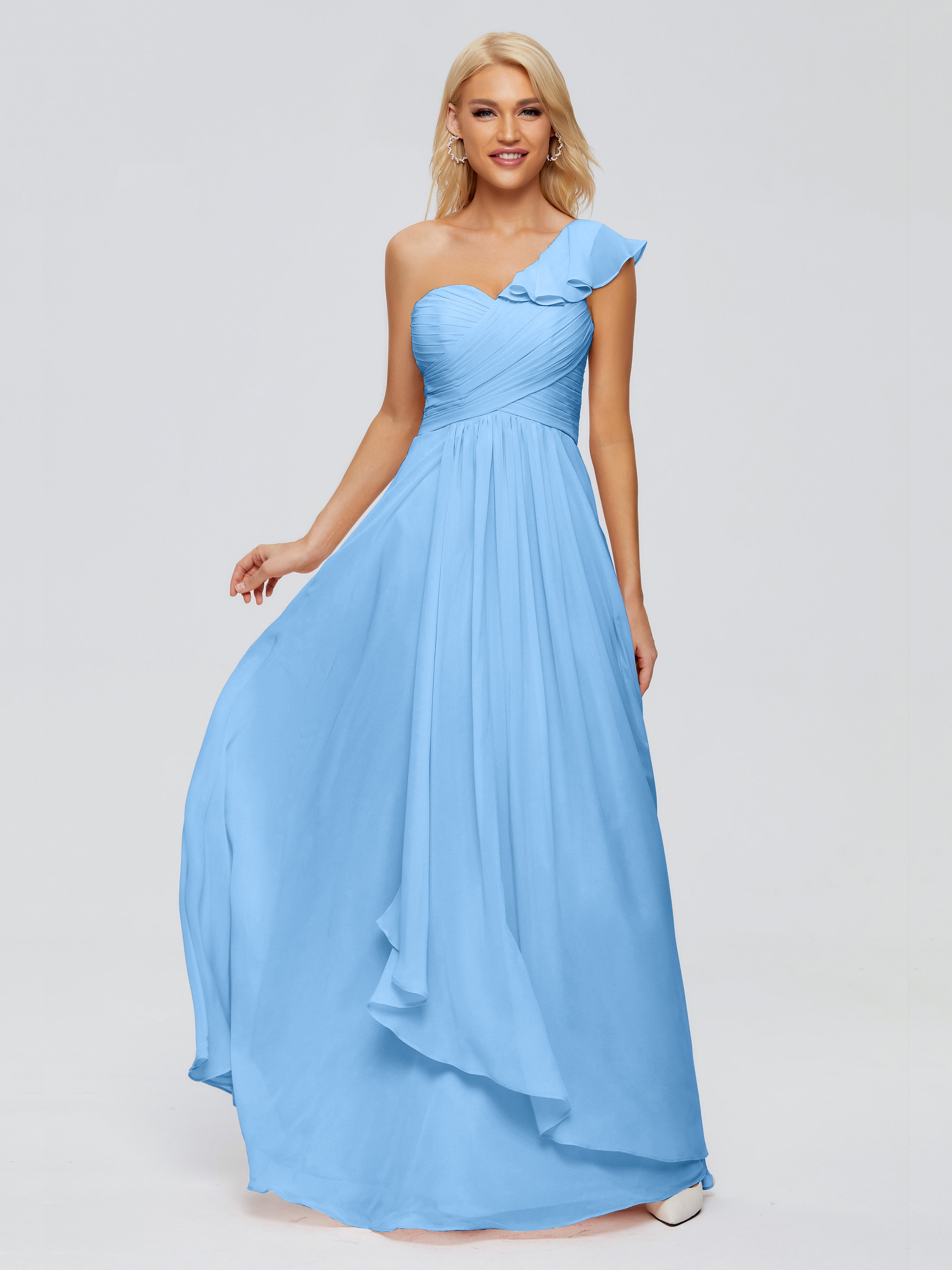 Robes De Demoiselle D'Honneur Bleu Bébé Seule-Épaule Mousseline Robes Demoiselle D'Honneur À Volants