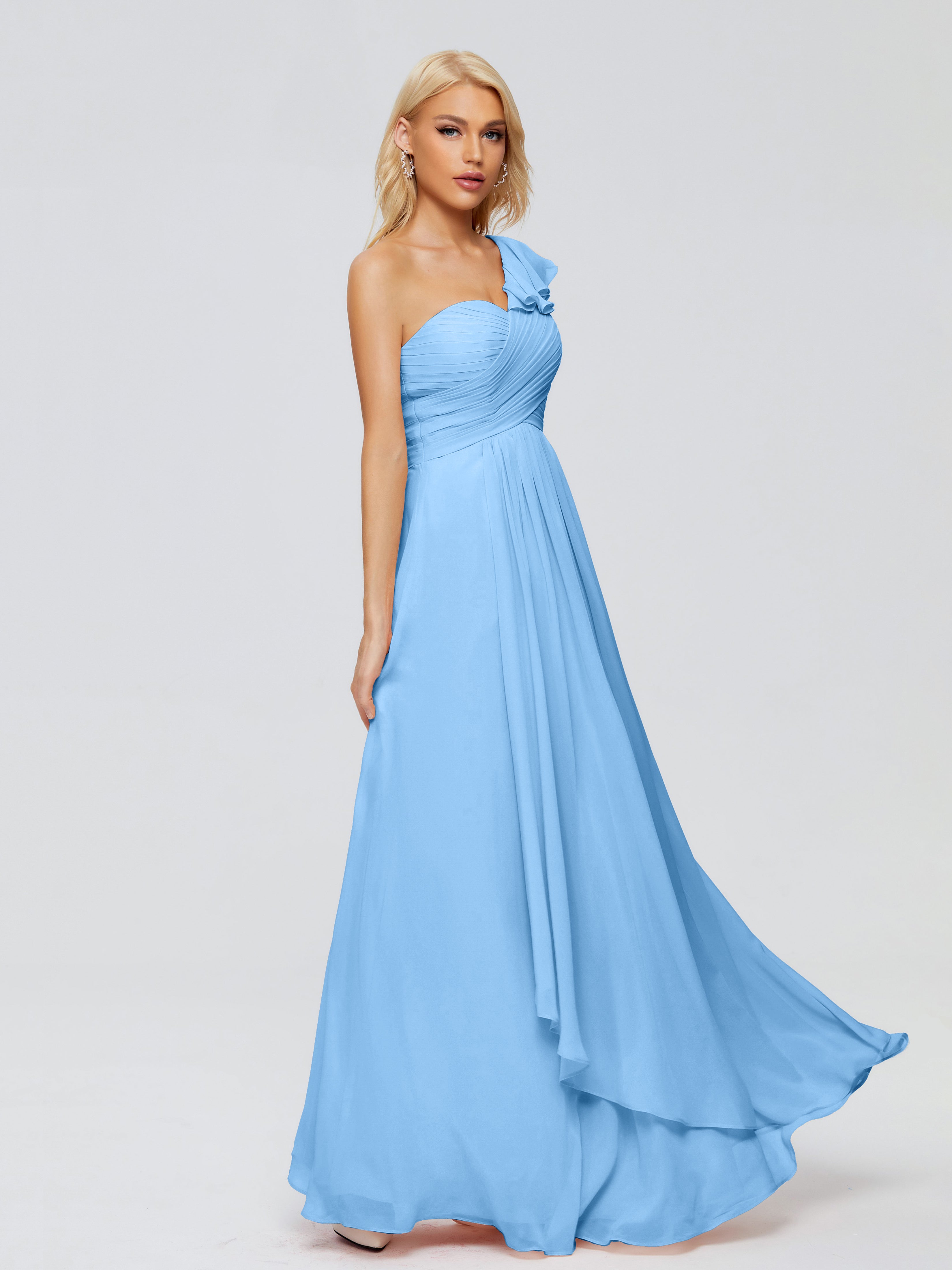 Robes De Demoiselle D'Honneur Bleu Bébé Seule-Épaule Mousseline Robes Demoiselle D'Honneur À Volants