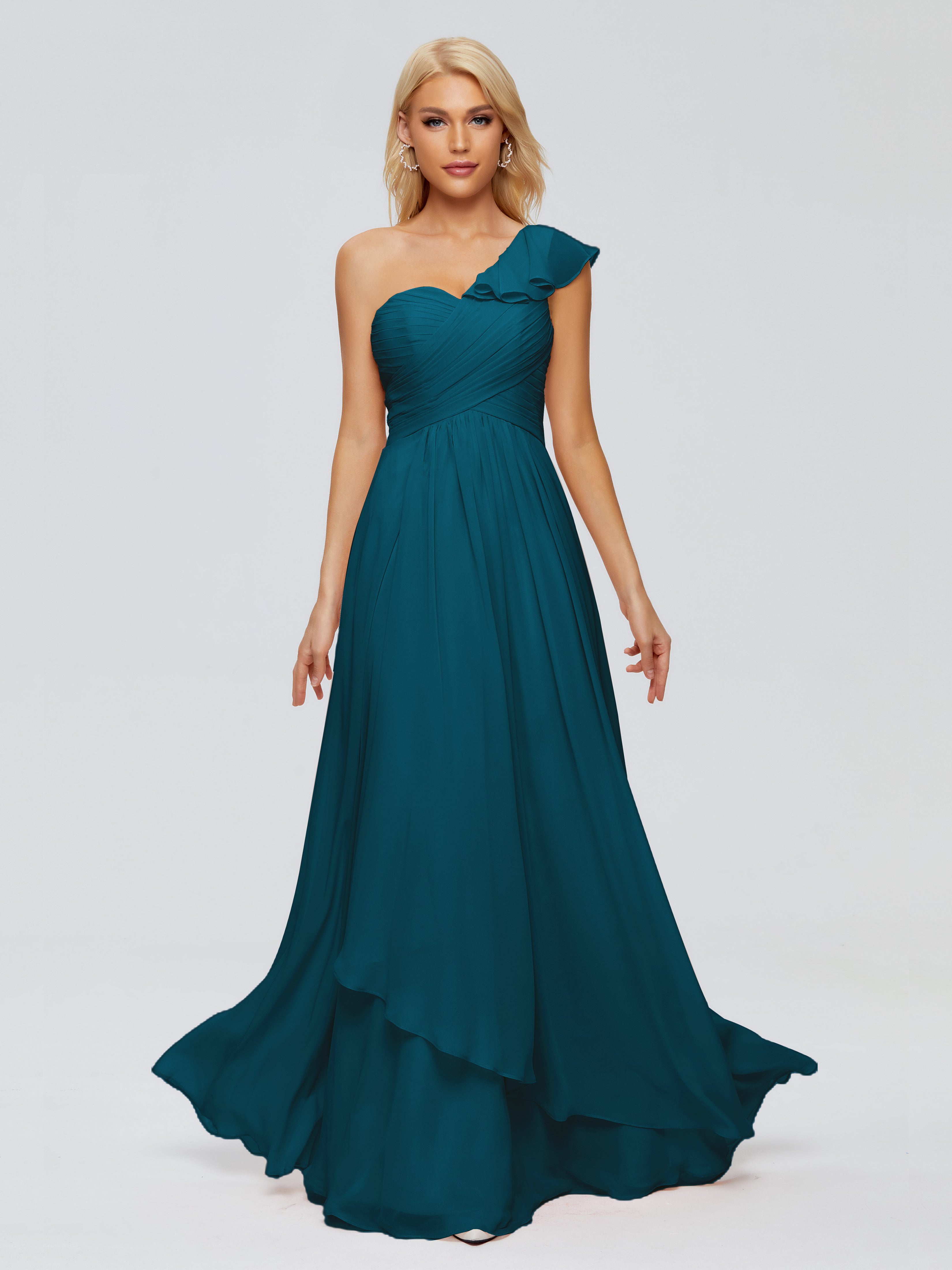 Robes De Demoiselle D'Honneur Bleu Encre Seule-Épaule Mousseline Robes Demoiselle D'Honneur À Volants