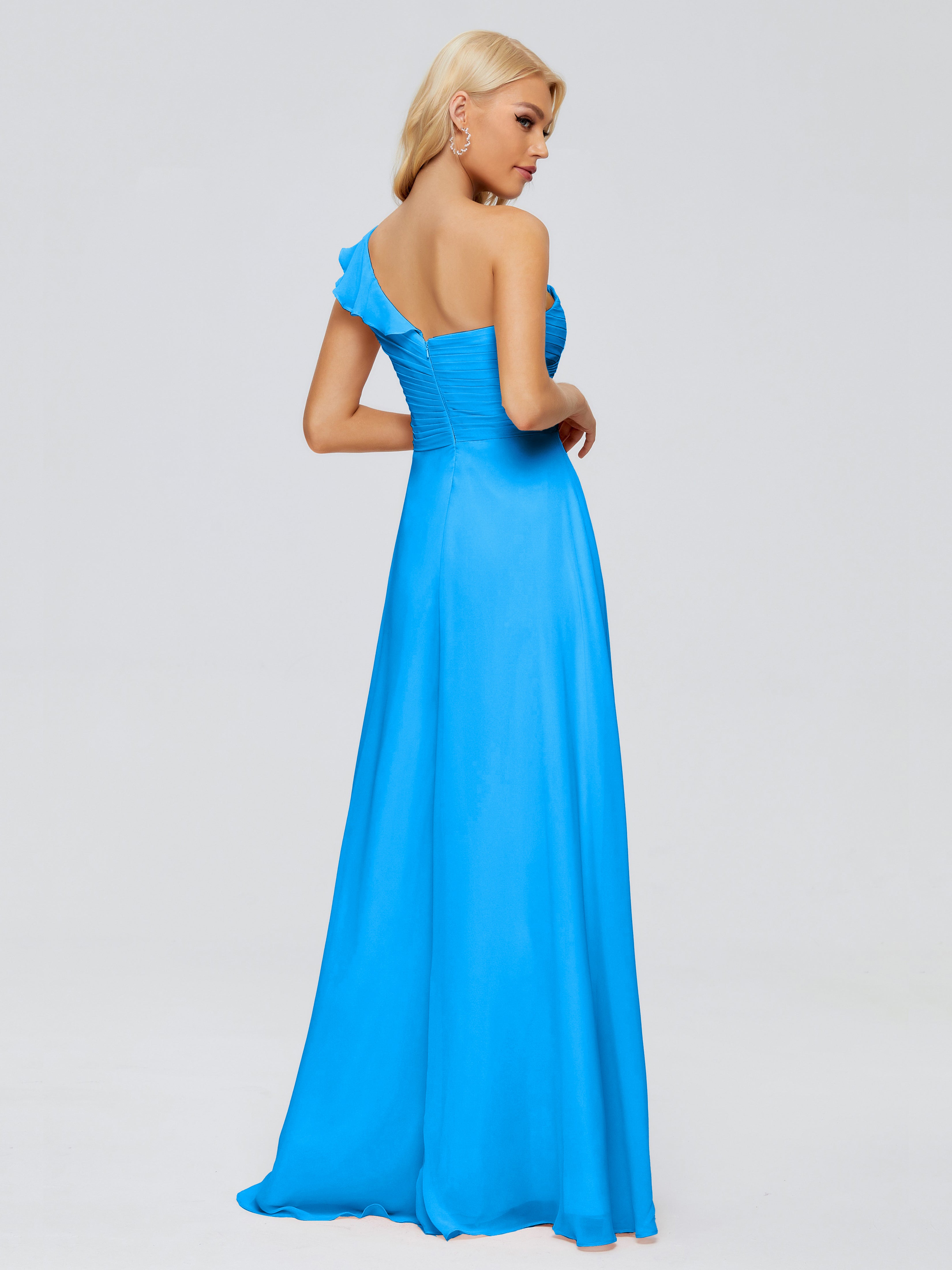 Robes De Demoiselle D'Honneur Bleu Océan Seule-Épaule Mousseline Robes Demoiselle D'Honneur À Volants