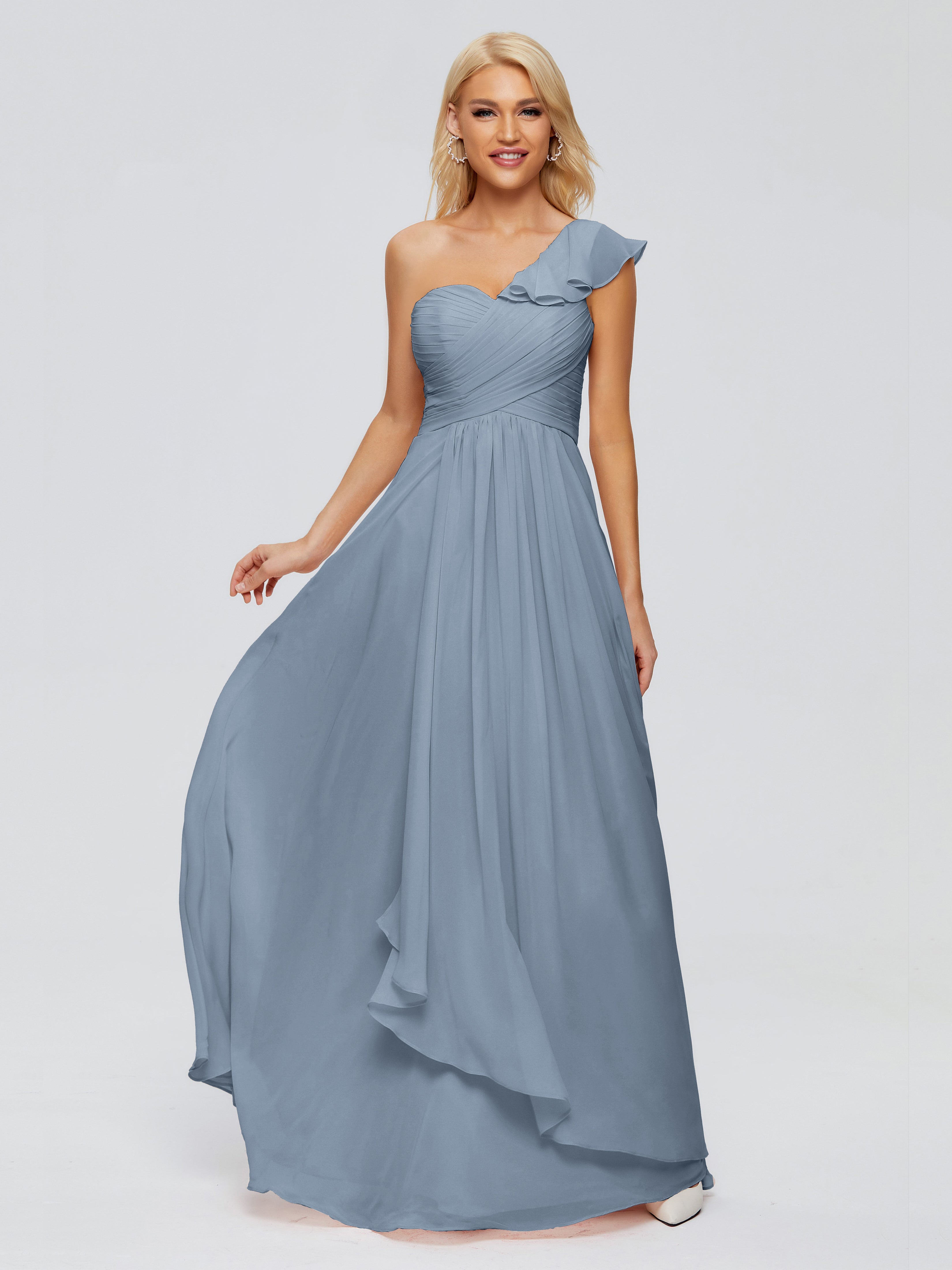 Robe Demoiselle D Honneur Bleu Poussiereux Seule-Épaule Mousseline Robes Demoiselle D'Honneur À Volants