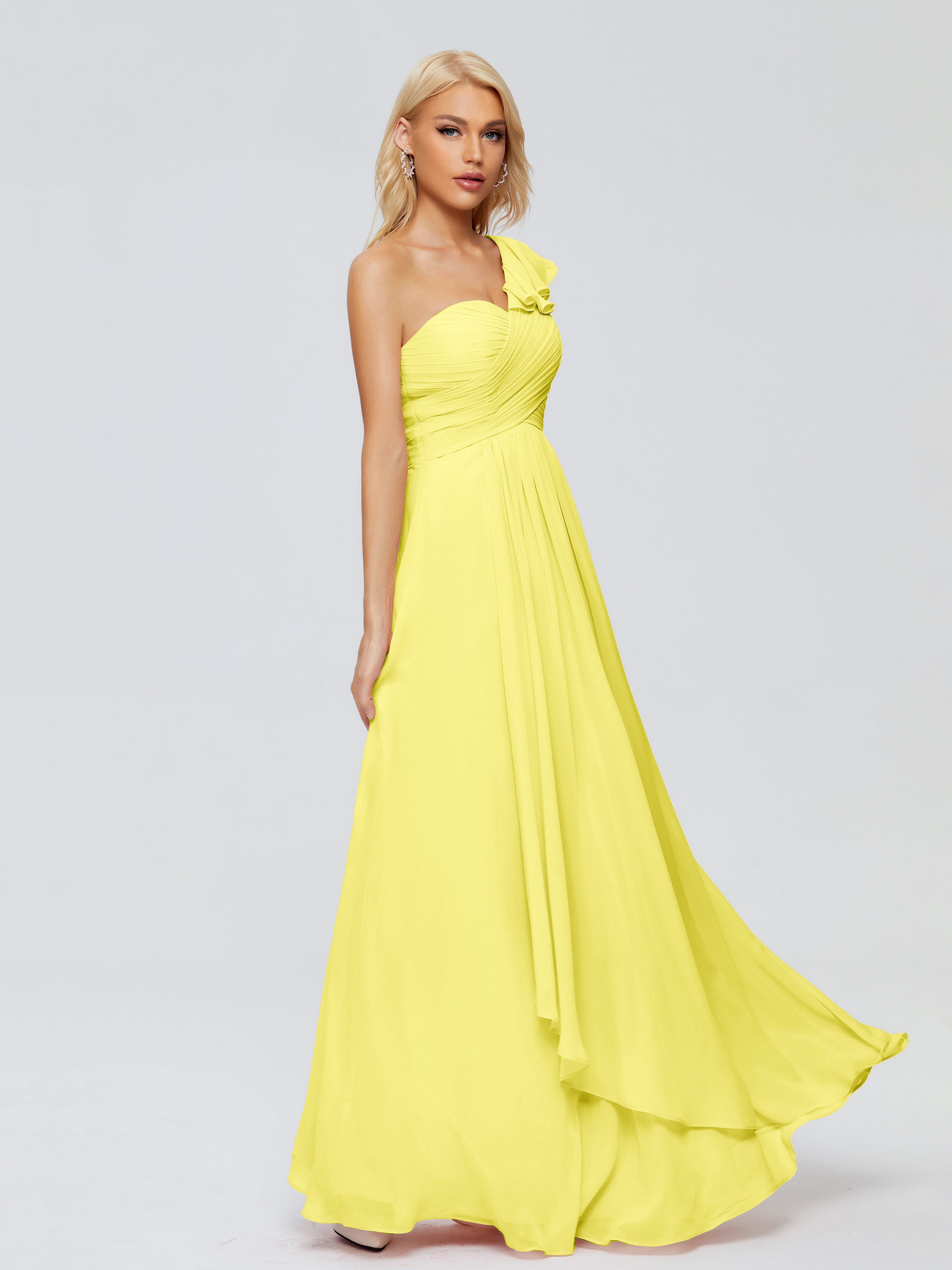 Robes De Demoiselle D'Honneur Citron Seule-Épaule Mousseline Robes Demoiselle D'Honneur À Volants