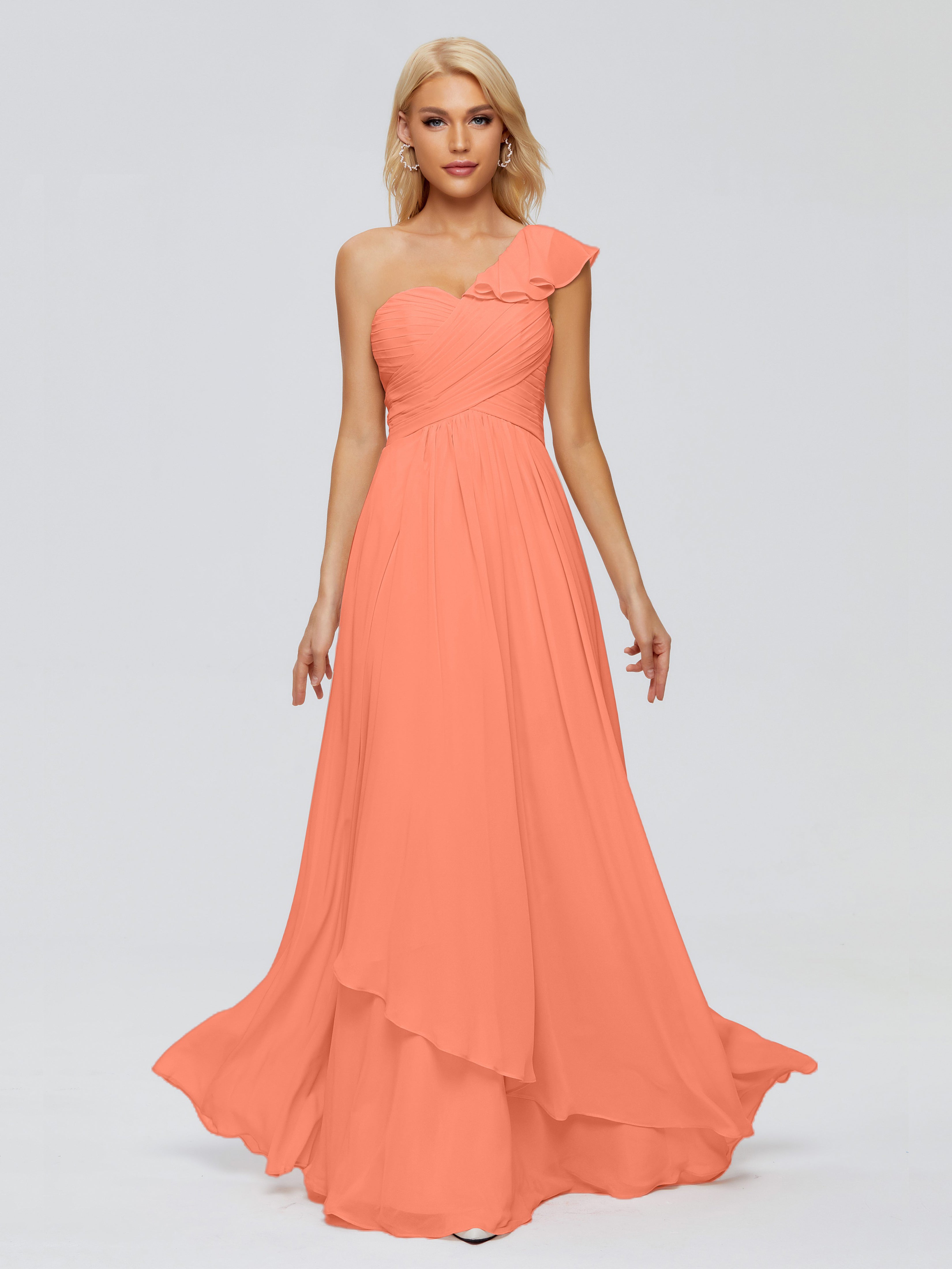 Robes De Demoiselle D'Honneur Coucher De Soleil Seule-Épaule Mousseline Robes Demoiselle D'Honneur À Volants