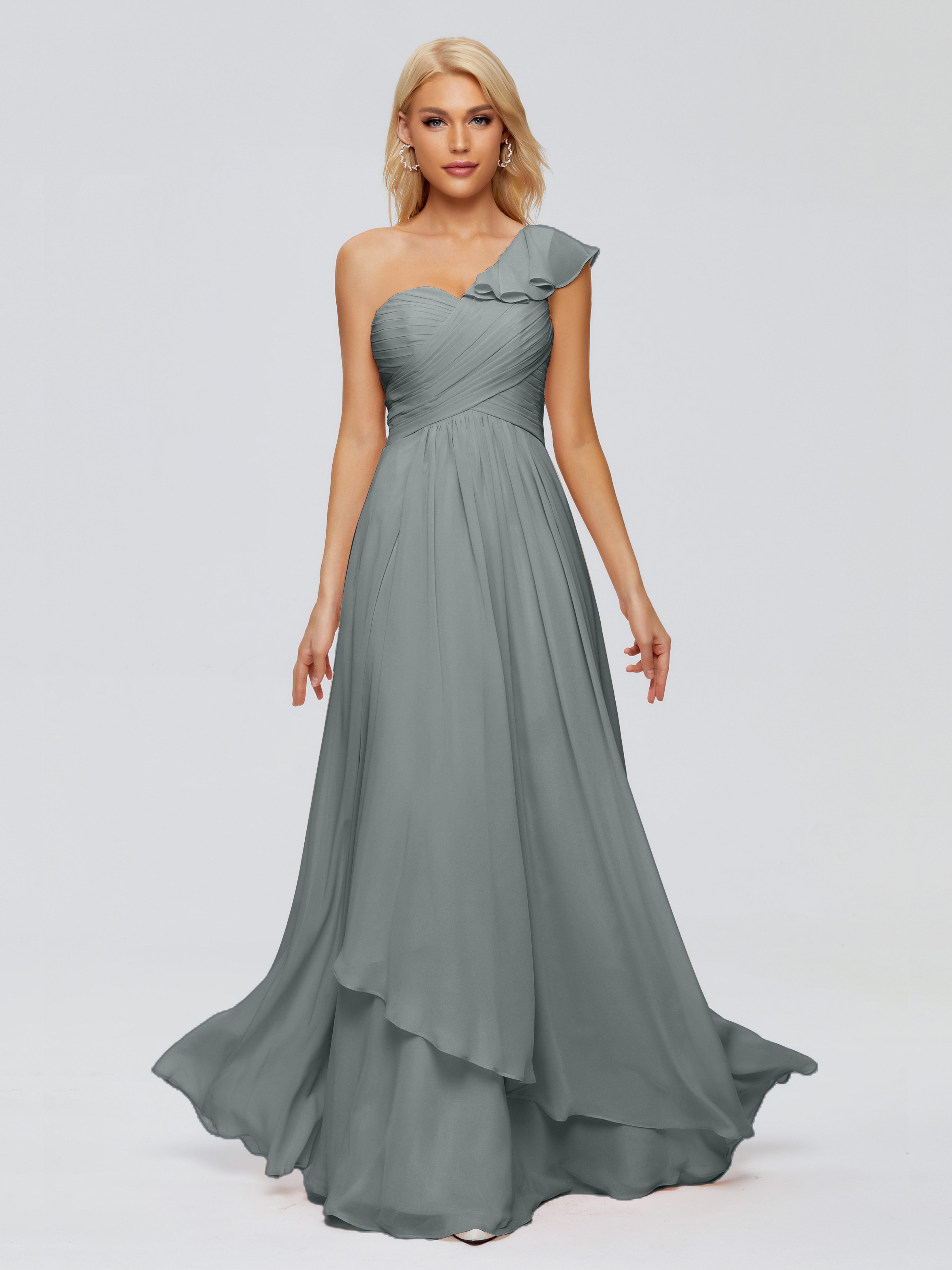 Robe Demoiselle D Honneur Gris Argenté Seule-Épaule Mousseline Robes Demoiselle D'Honneur À Volants