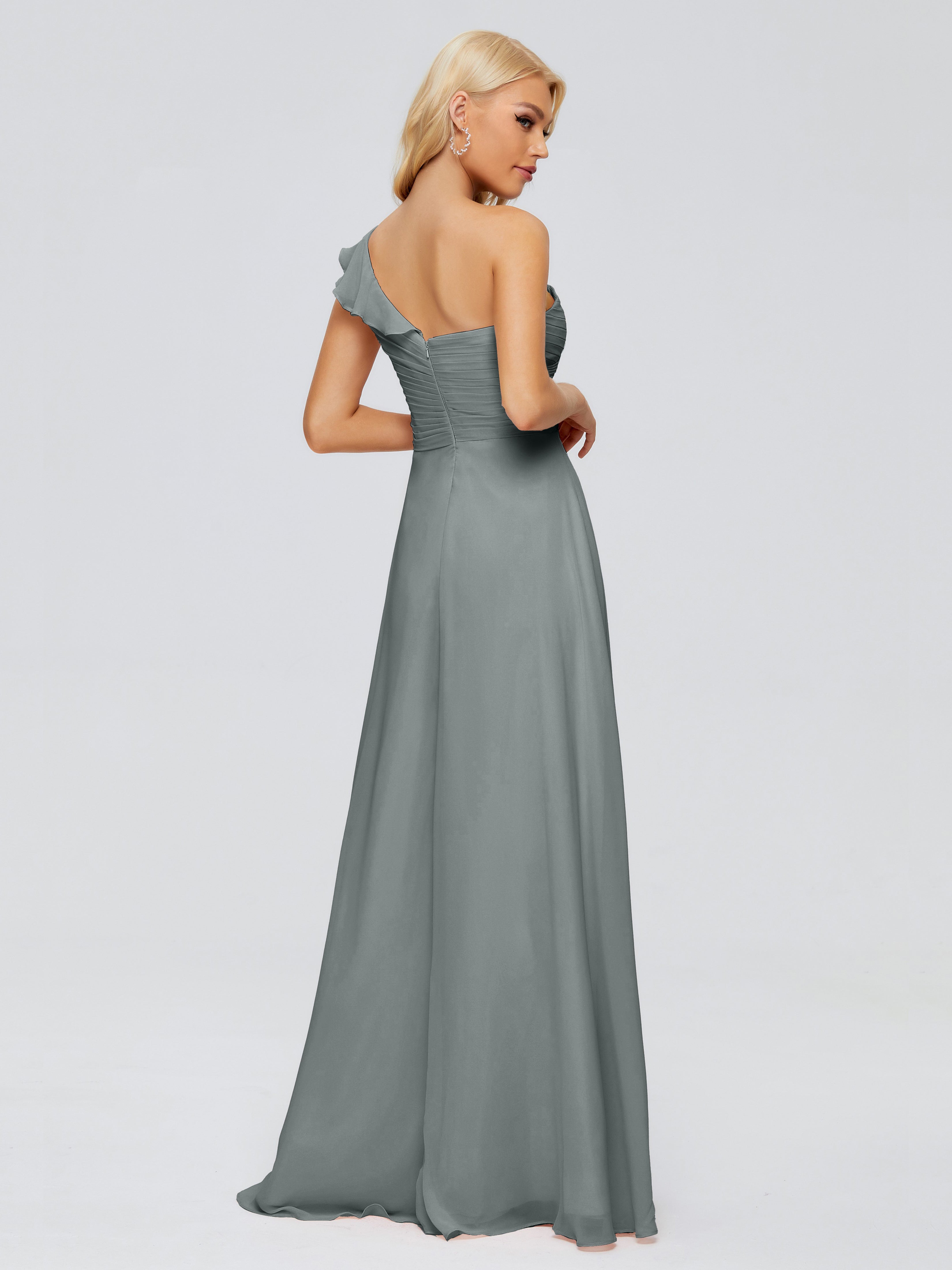 Robe Demoiselle D Honneur Gris Argenté Seule-Épaule Mousseline Robes Demoiselle D'Honneur À Volants