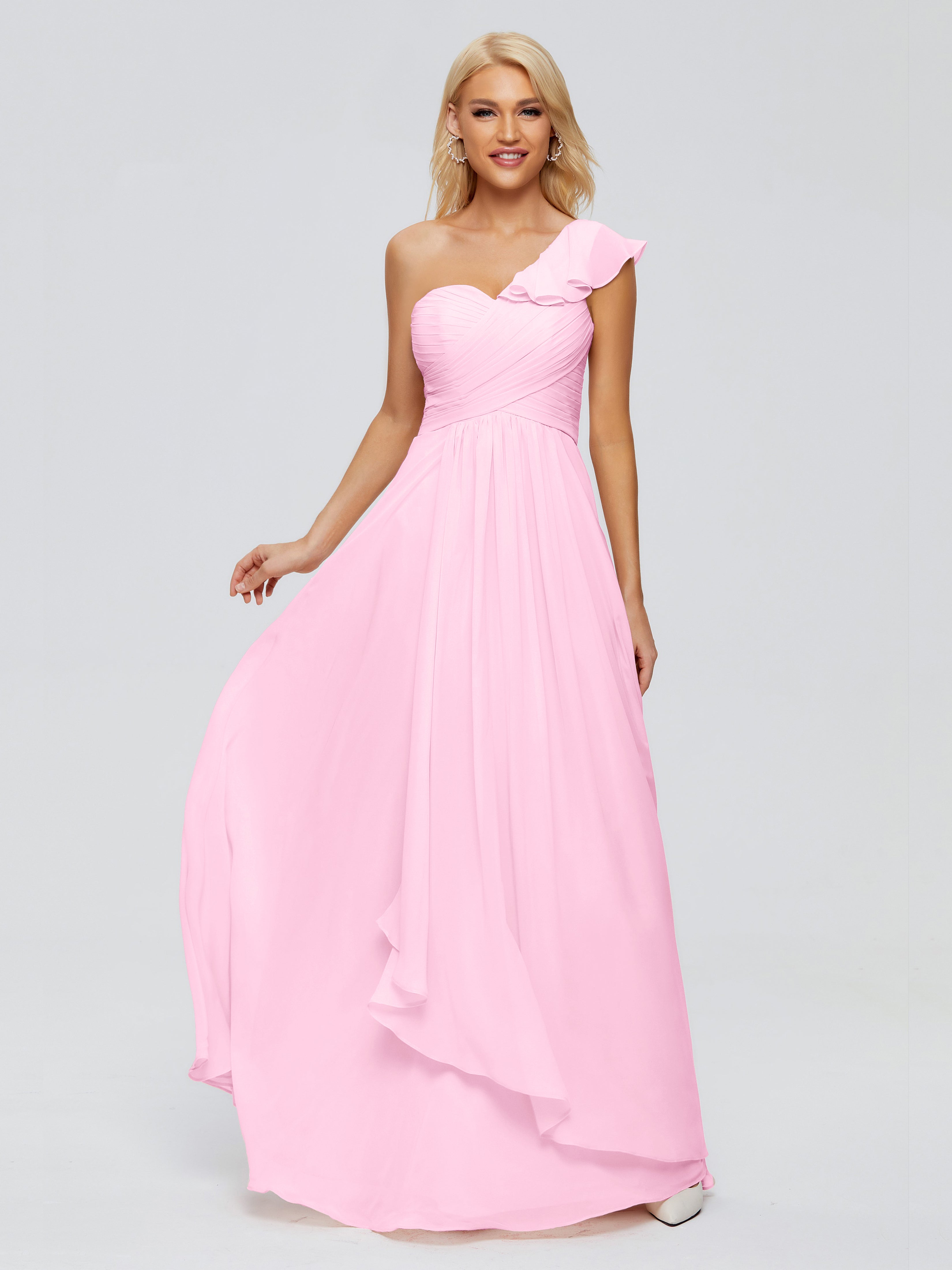 Robe Demoiselle D Honneur Rose Bonbon Seule-Épaule Mousseline Robes Demoiselle D'Honneur À Volants