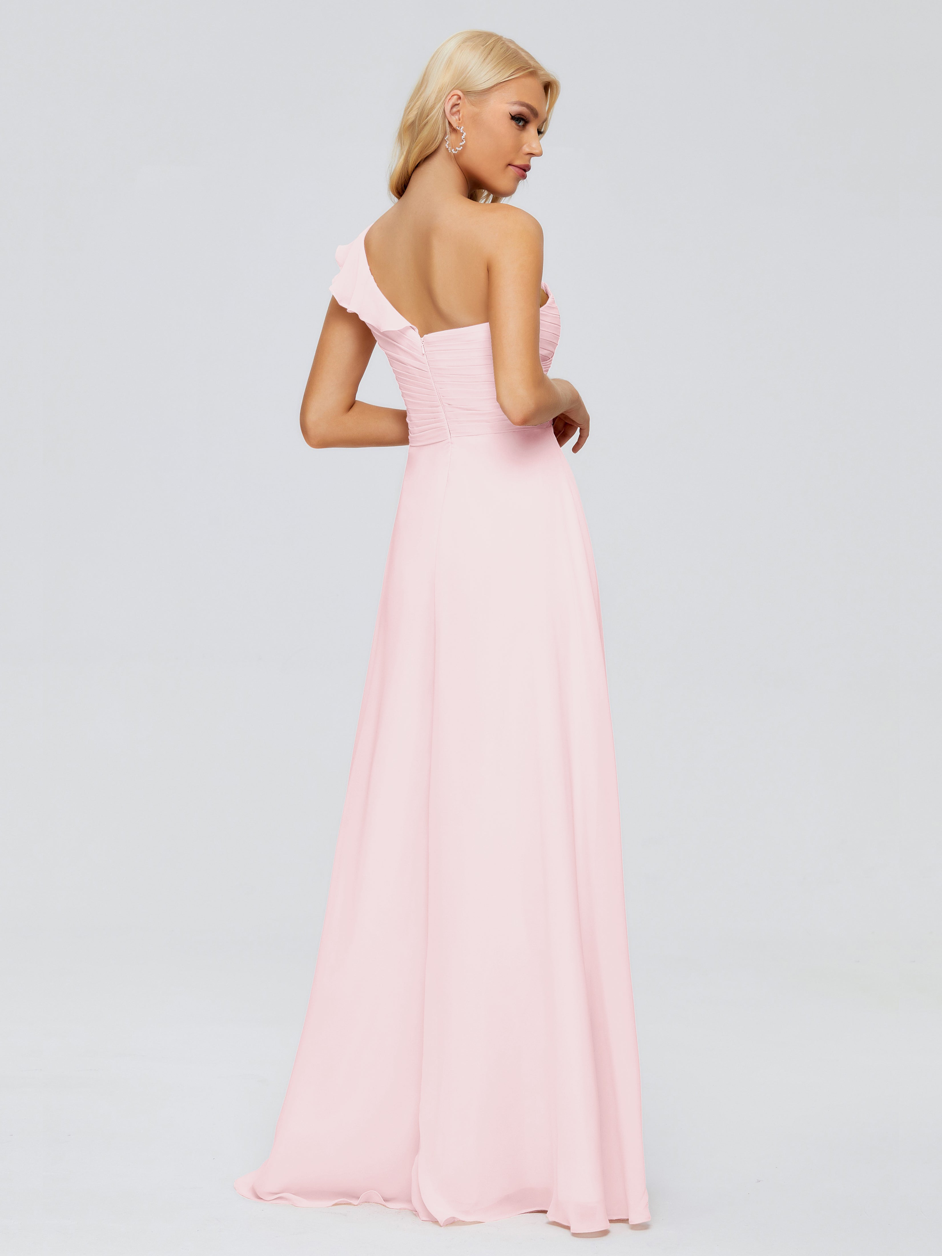 Robe De Demoiselle D Honneur Rose Pale Seule-Épaule Mousseline Robes Demoiselle D'Honneur À Volants