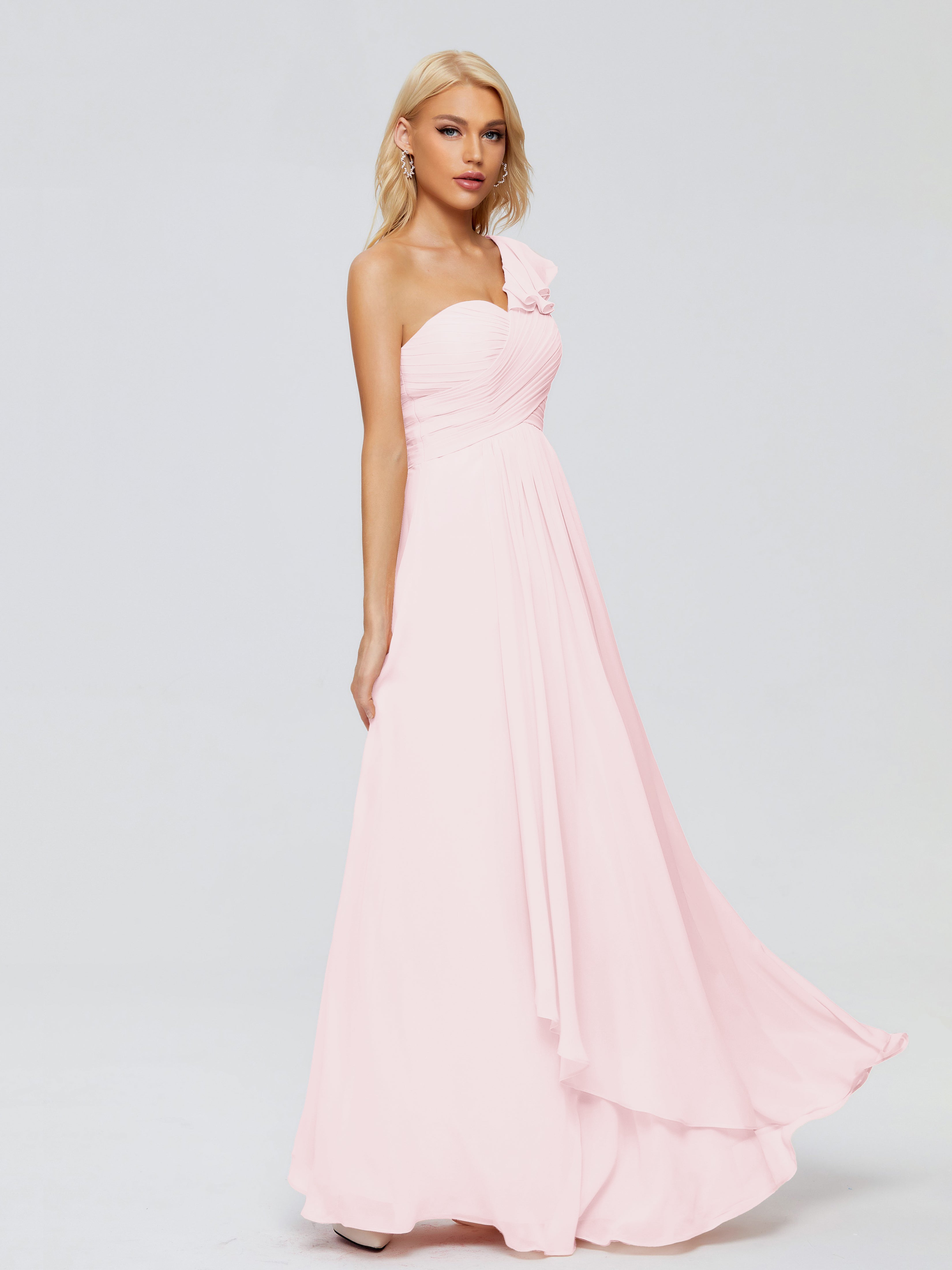 Robe De Demoiselle D Honneur Rose Pale Seule-Épaule Mousseline Robes Demoiselle D'Honneur À Volants