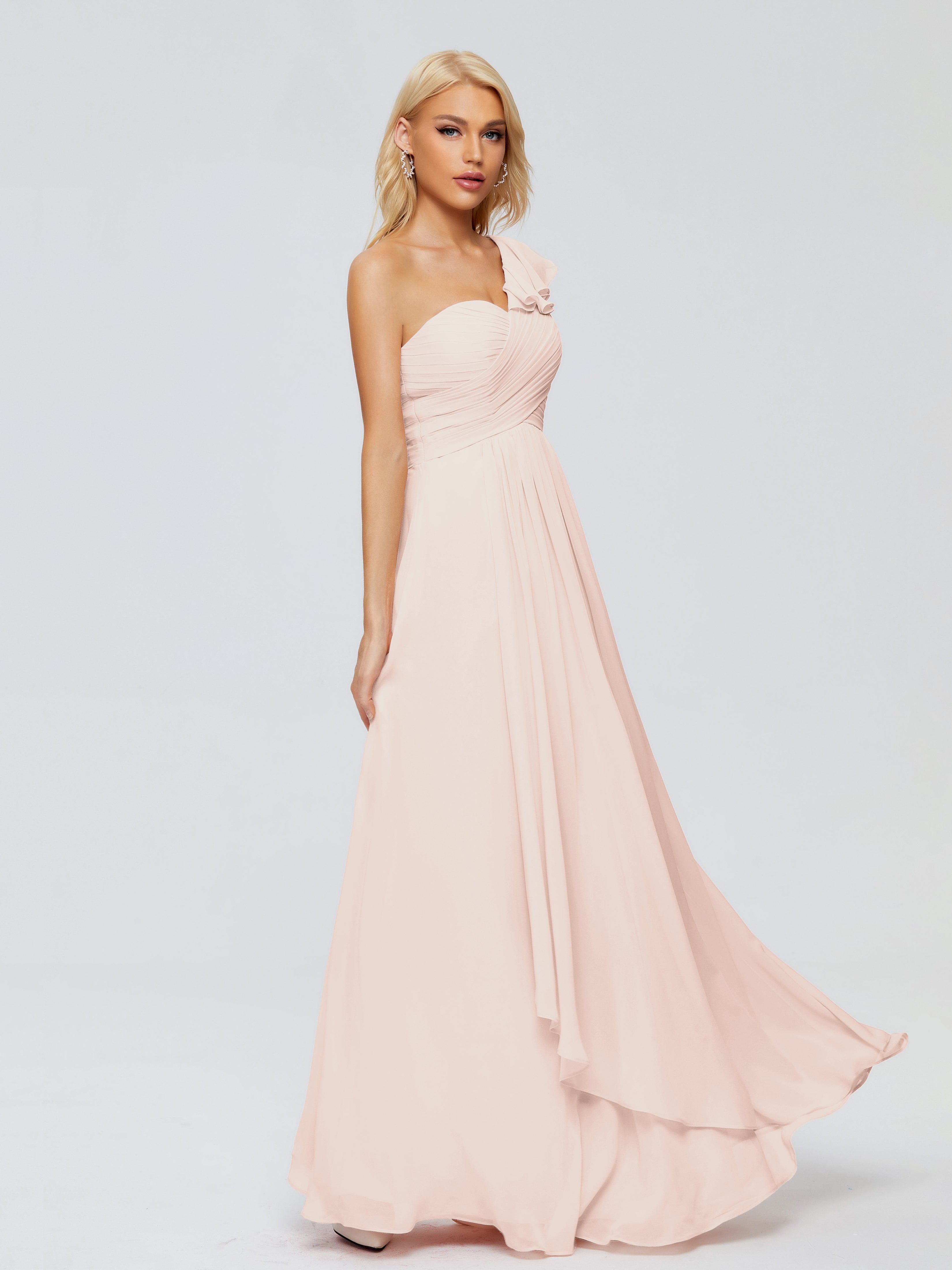 Robe Demoiselle D Honneur Rose Perle Seule-Épaule Mousseline Robes Demoiselle D'Honneur À Volants