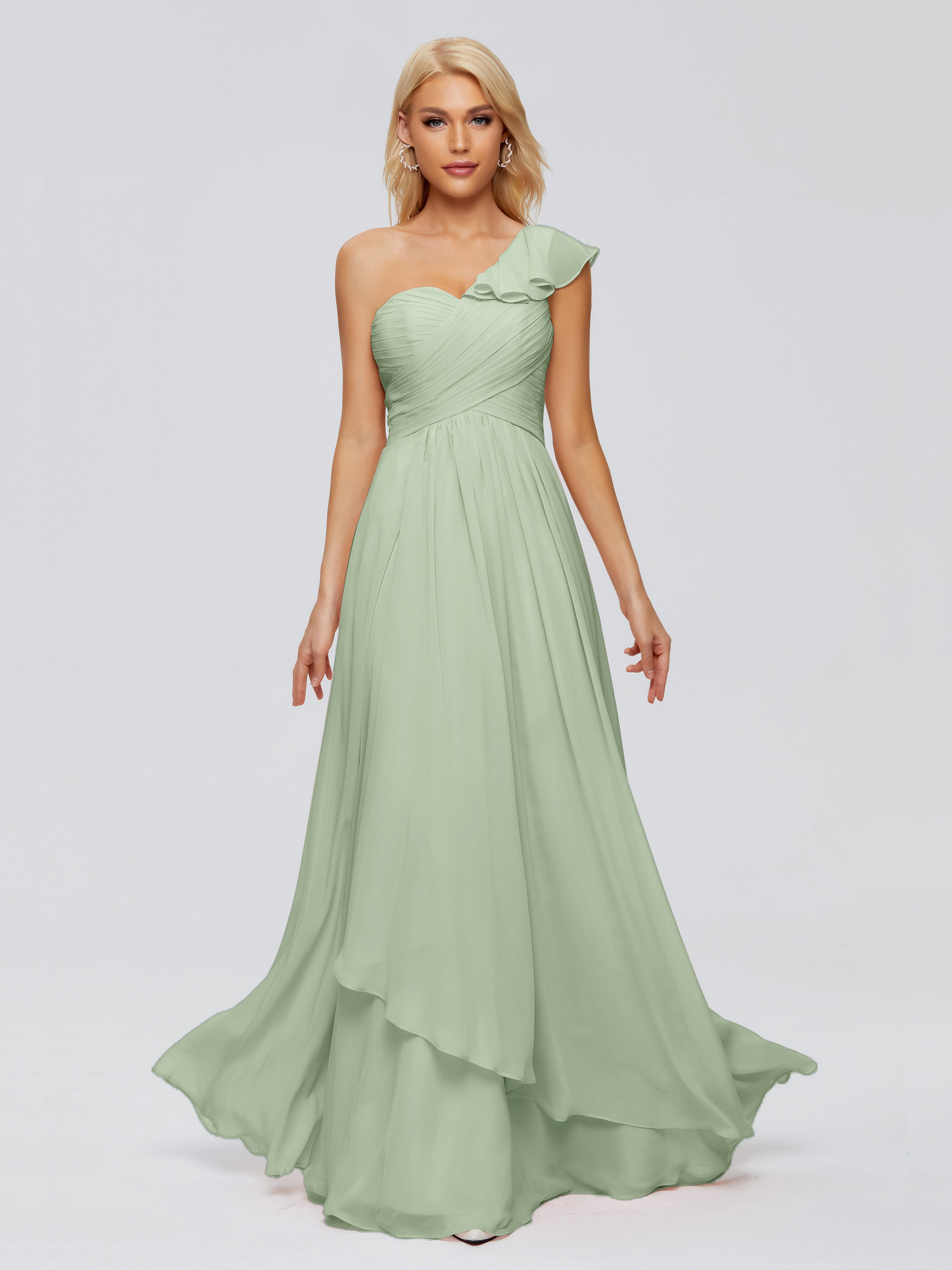 Toutes Les Robes De Demoiselle D'Honneur De Sauge Poussiéreuse Seule-Épaule Mousseline Robes Demoiselle D'Honneur À Volants