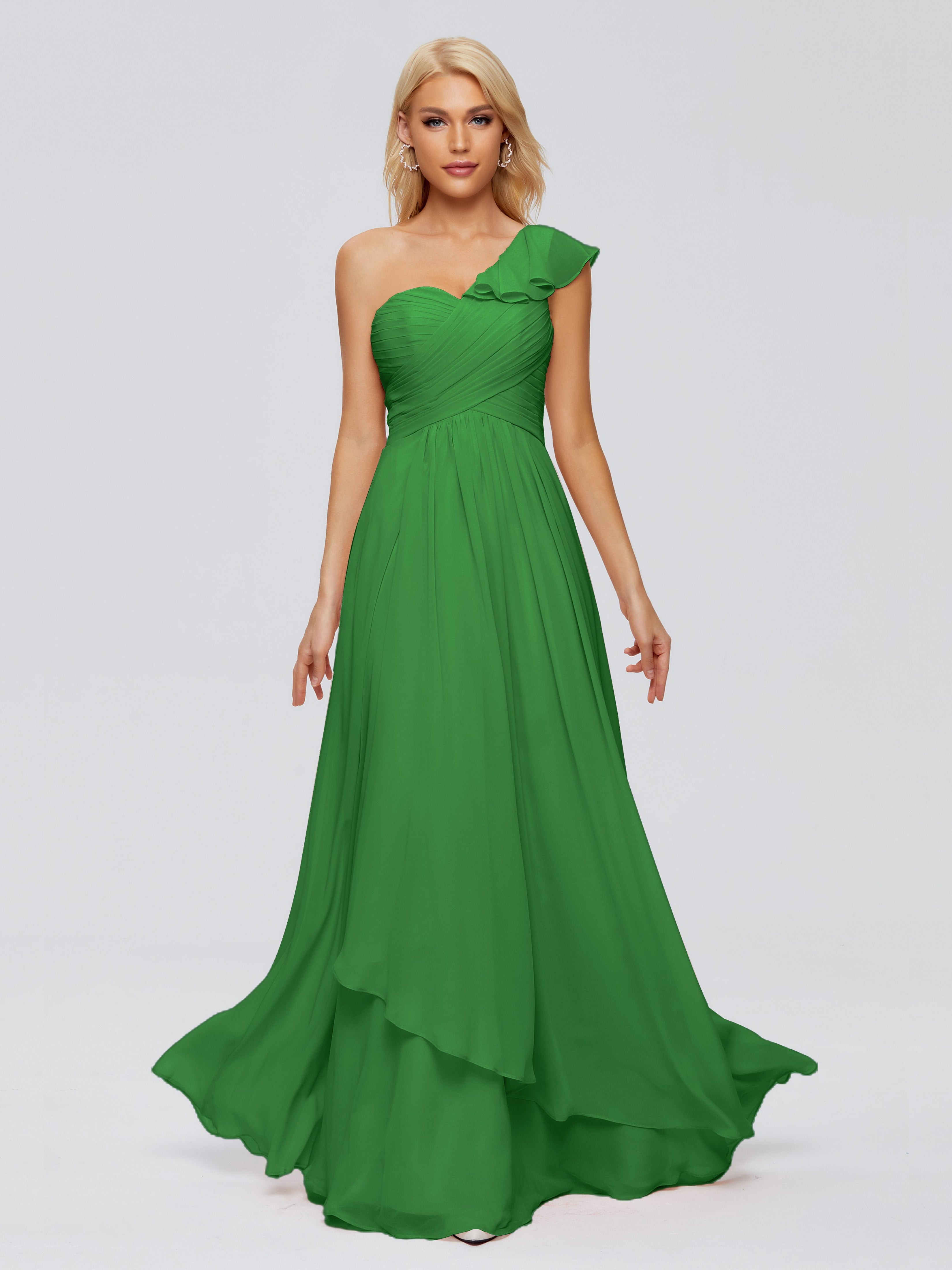 Robe De Demoiselle D'Honneur Verte Seule-Épaule Mousseline Robes Demoiselle D'Honneur À Volants