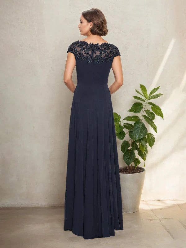 Robe Mère de la Mariée Bleu Marine Trapèze Encolure Ronde à Manches Ballon