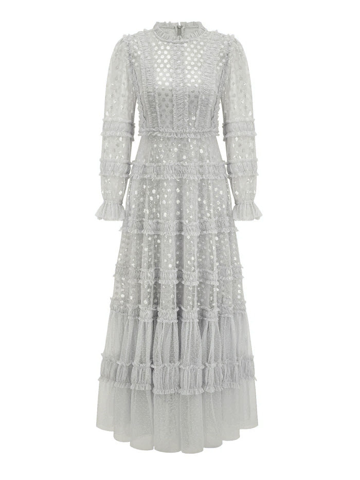 Robe Paillettes Trapèze Col Rond Manches Longues Robe de Soirée en Gris