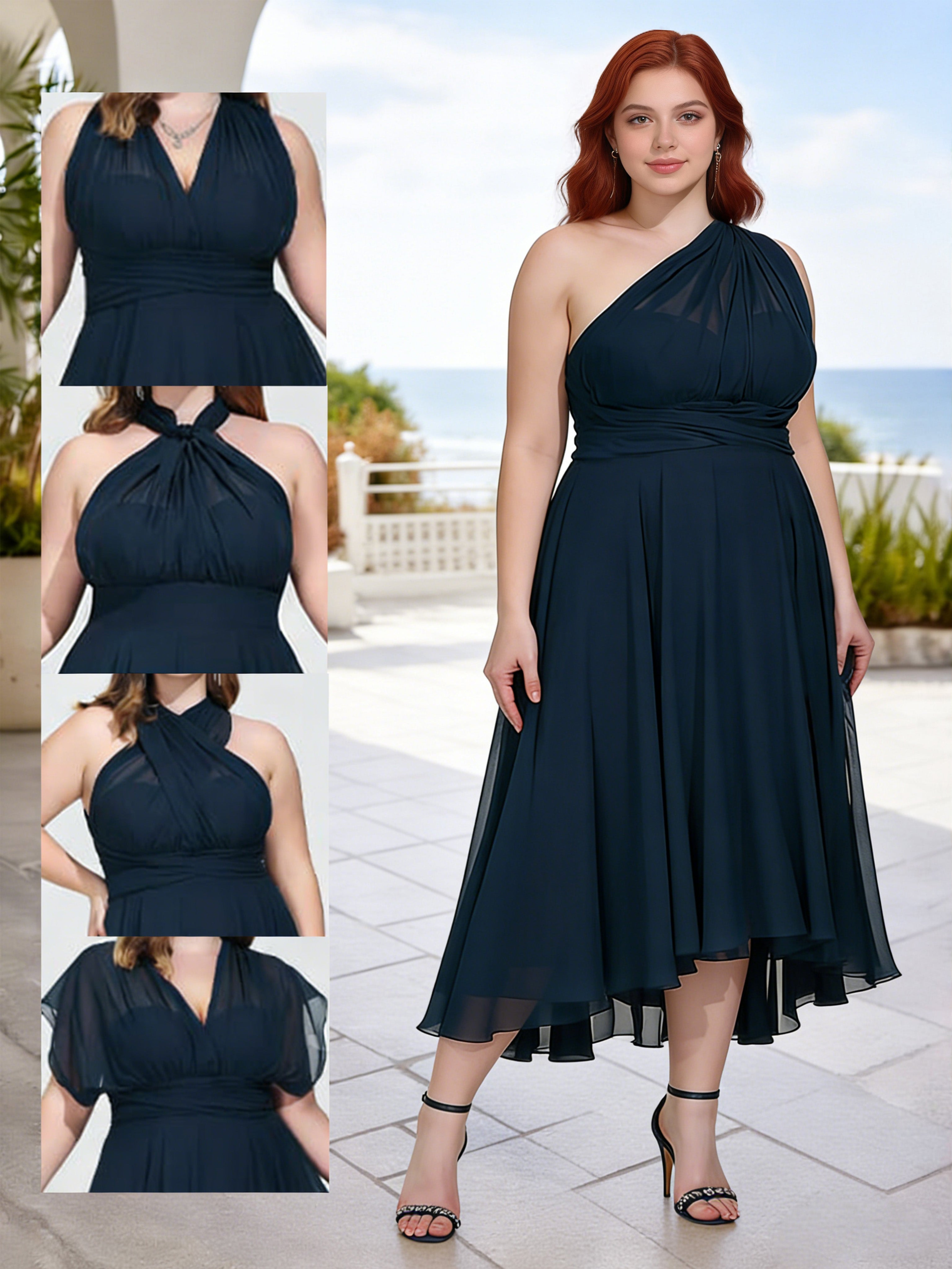 Cicinia Robe Demoiselle d’Honneur Bleu Marine Foncé Midi en Mousseline Une Épaule Encolure Transformable Grande Taille