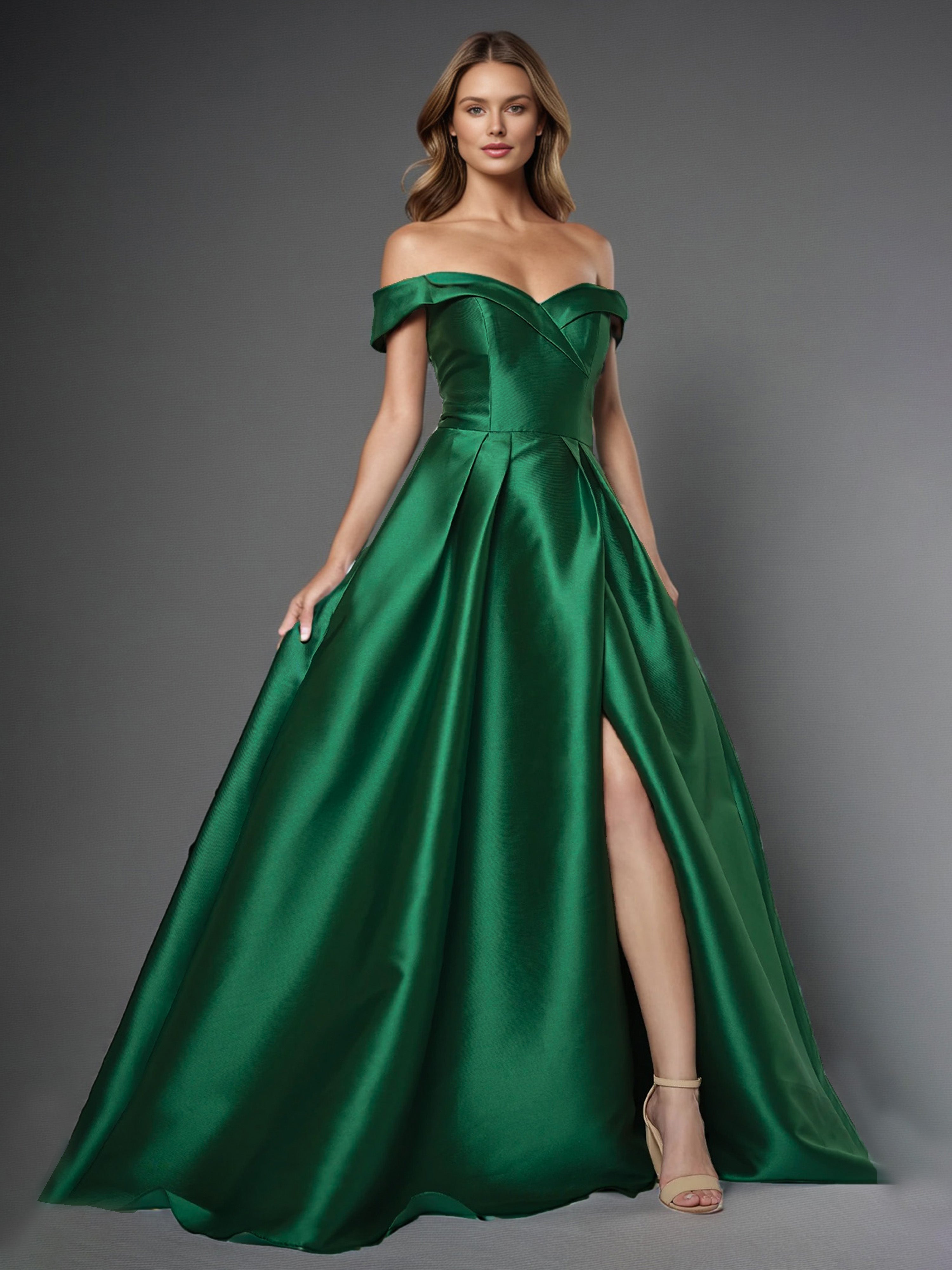 Robe de Soirée Vert Foncé Epaule Dénudée Trapèze Robe de Soirée en Satin