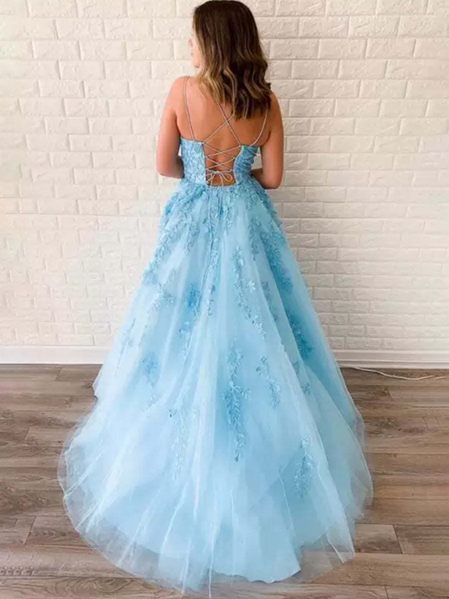Robe de Bal ROSE_PERLE en Dentelle à Bretelles Fines Coupe A avec Appliqués en Tulle Élégante