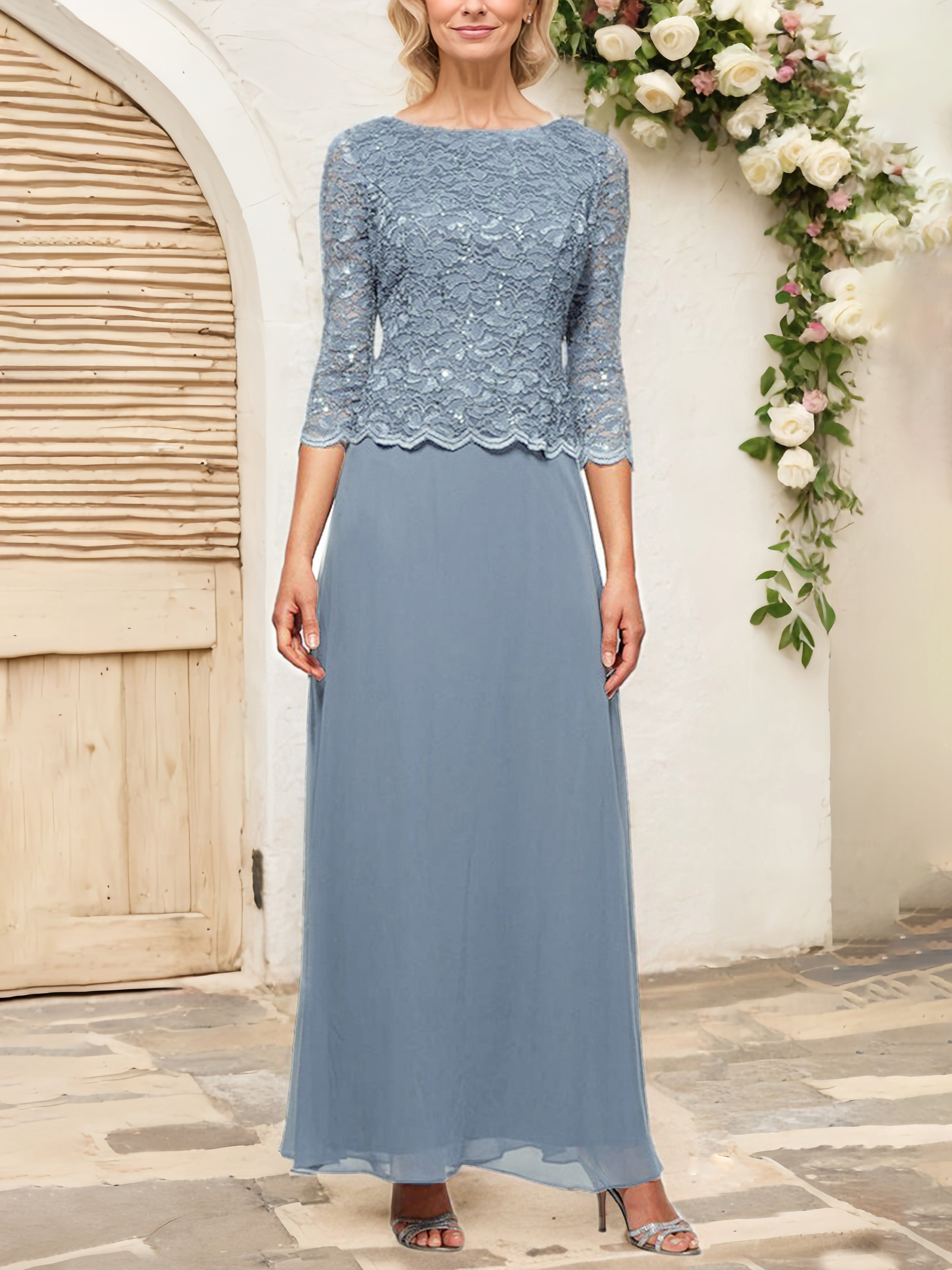 Robe Cérémonie Mariage Mère Du Marié BLEU_POUDRE Manches 3/4 Dentelle et Mousseline Robe Mère de la Mariée