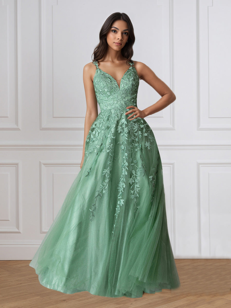 Cicinia Robe de Soirée Sauge Poudrée Longue A-Line en Dentelle et Tulle Décolleté en V Longueur Sol Élégante