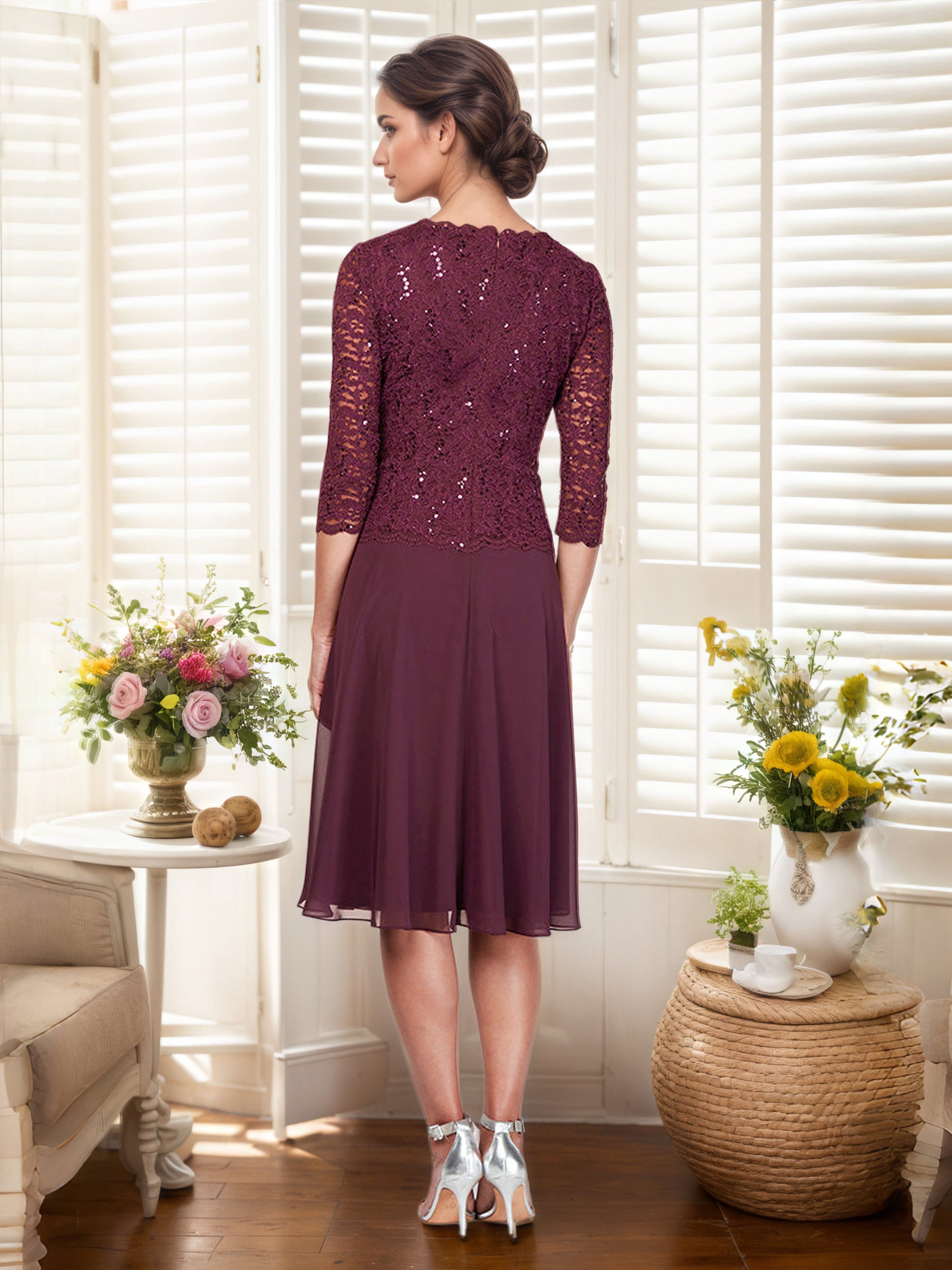 Robe Mère de la Mariée Cabernet Trapèze Col Rond Robe Mi-Longue avec Corsage en Dentelle à Paillettes