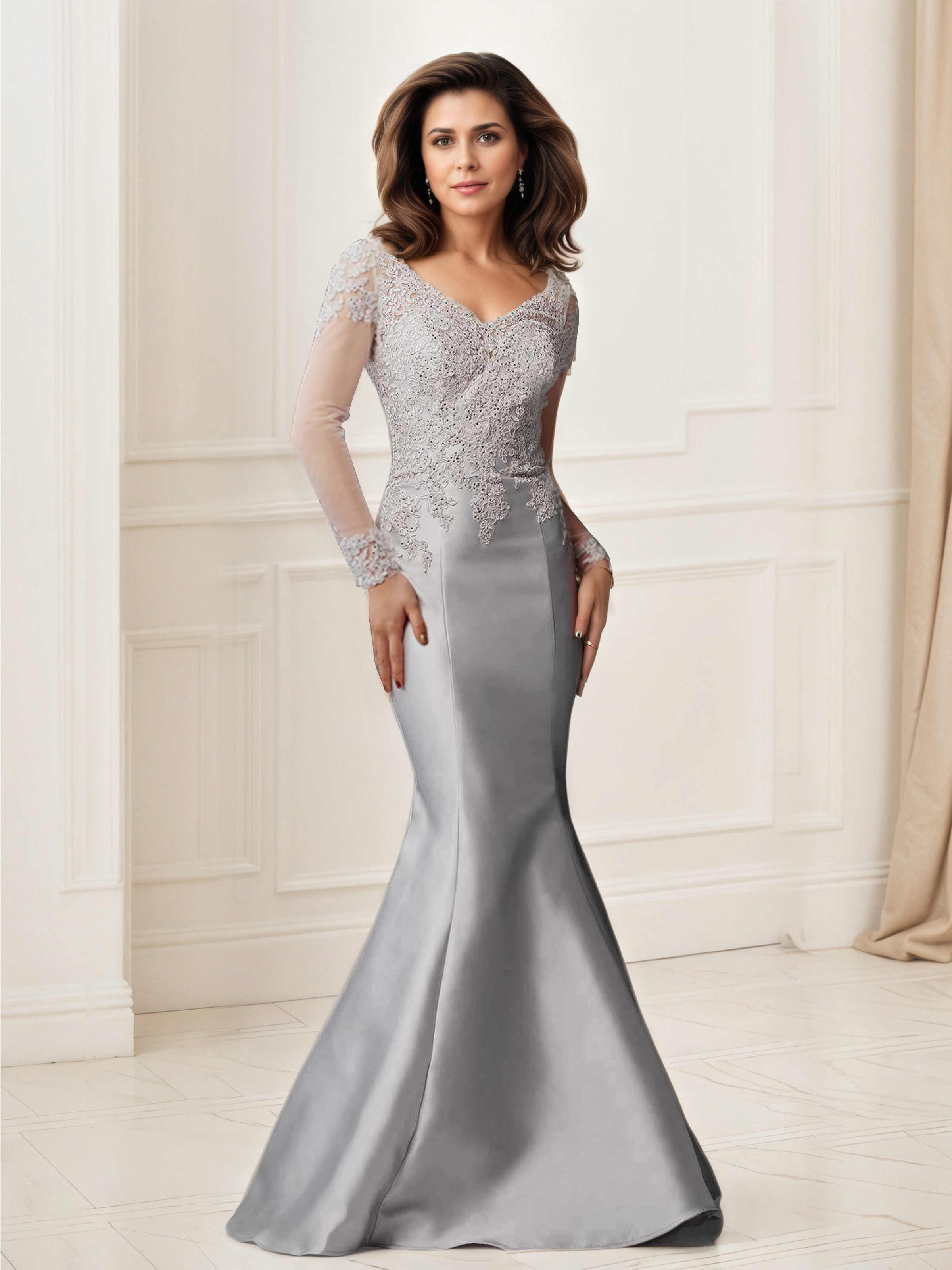 Robe de Soirée GRIS_ACIER Col V Trompette/Sirène à Manches Courtes