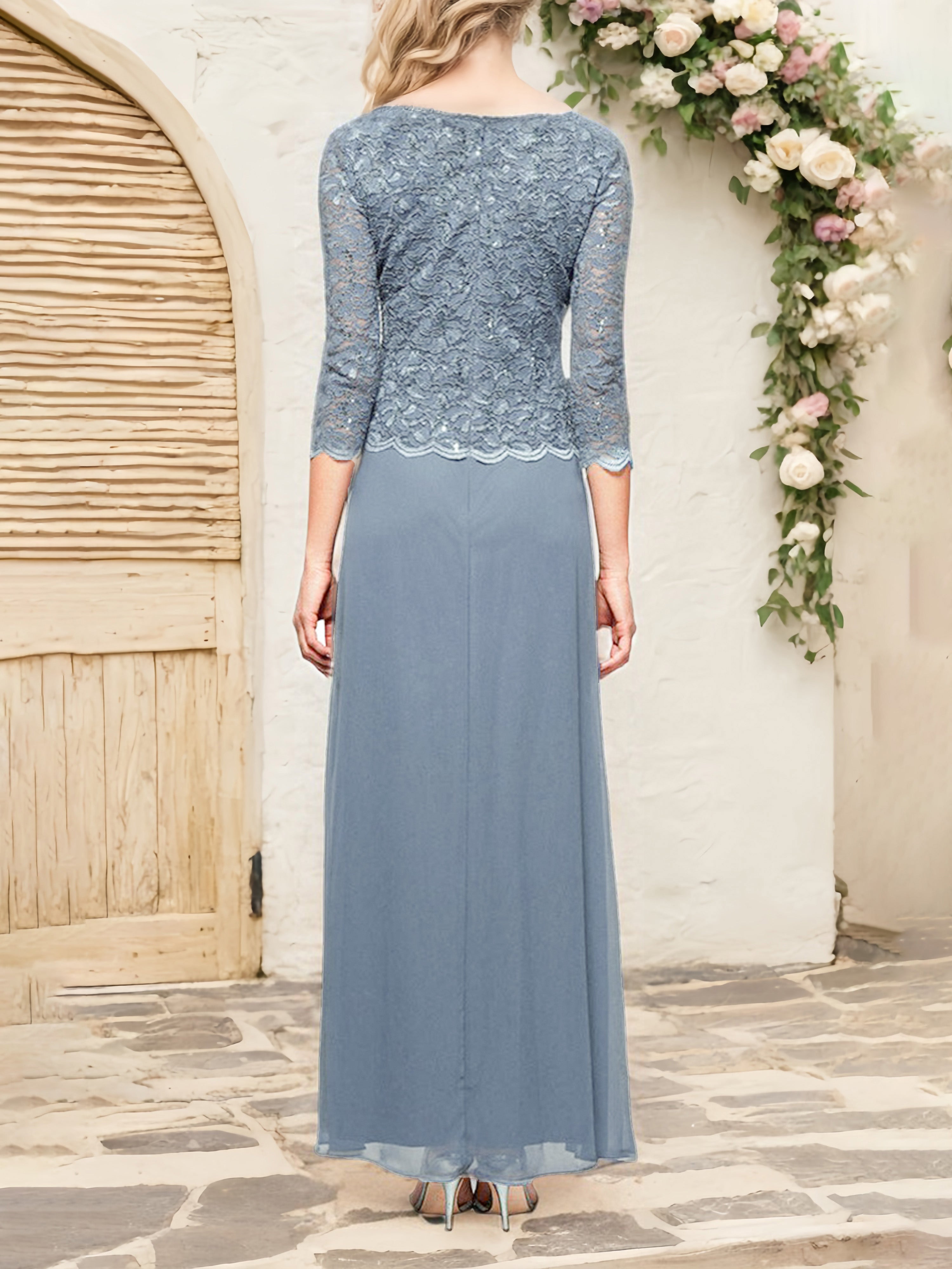 Robe Cérémonie Mariage Mère Du Marié BLEU_POUDRE Manches 3/4 Dentelle et Mousseline Robe Mère de la Mariée