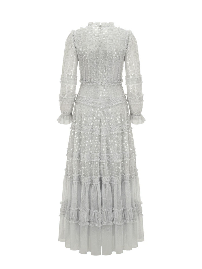 Robe Paillettes Trapèze Col Rond Manches Longues Robe de Soirée en Gris