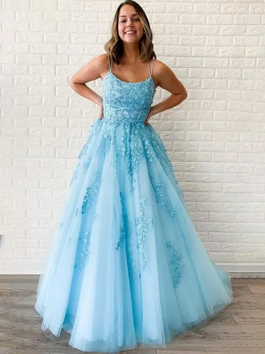 Robe de Bal BLEU_CIEL en Dentelle à Bretelles Fines Coupe A avec Appliqués en Tulle Élégante