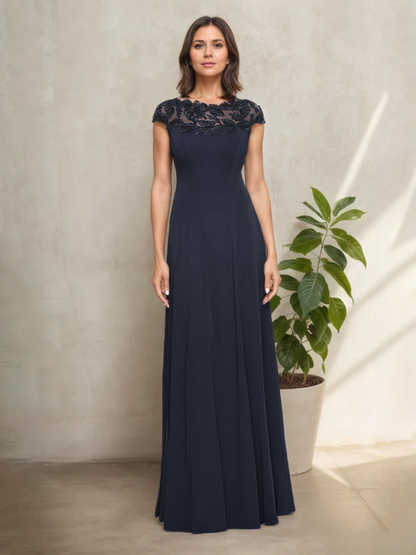 Robe Mère de la Mariée Bleu Marine Trapèze Encolure Ronde à Manches Ballon