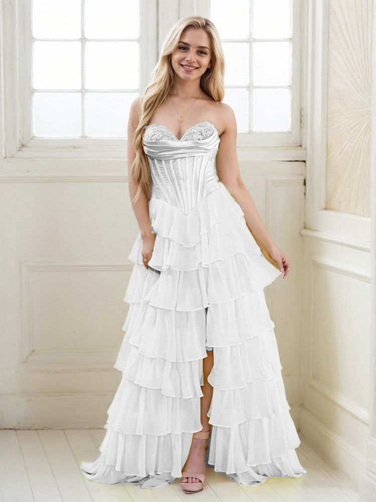 Robe de Soirée BLANC Mousseline et Dentelle Trapèze avec corsage à Appliques