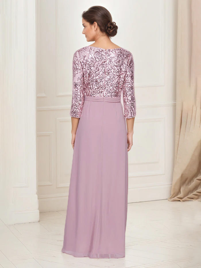Robe Mere dela Mariee ROSE_BONBON Robe Mousseline Taille Empire Avec Paillettes Manches 3/4