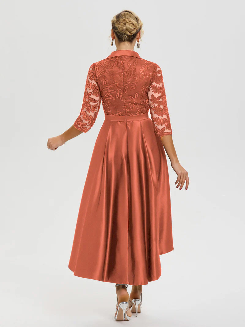 Robe Mariage Mère Du Marié Rouille Col V Asymétrique Satin & Dentelle Robe Mère De La Mariée Moderne