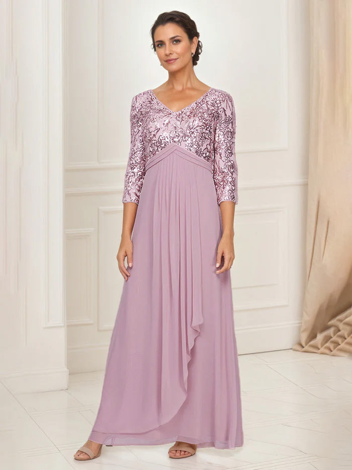 Robe Mere dela Mariee ROSE_BONBON Robe Mousseline Taille Empire Avec Paillettes Manches 3/4