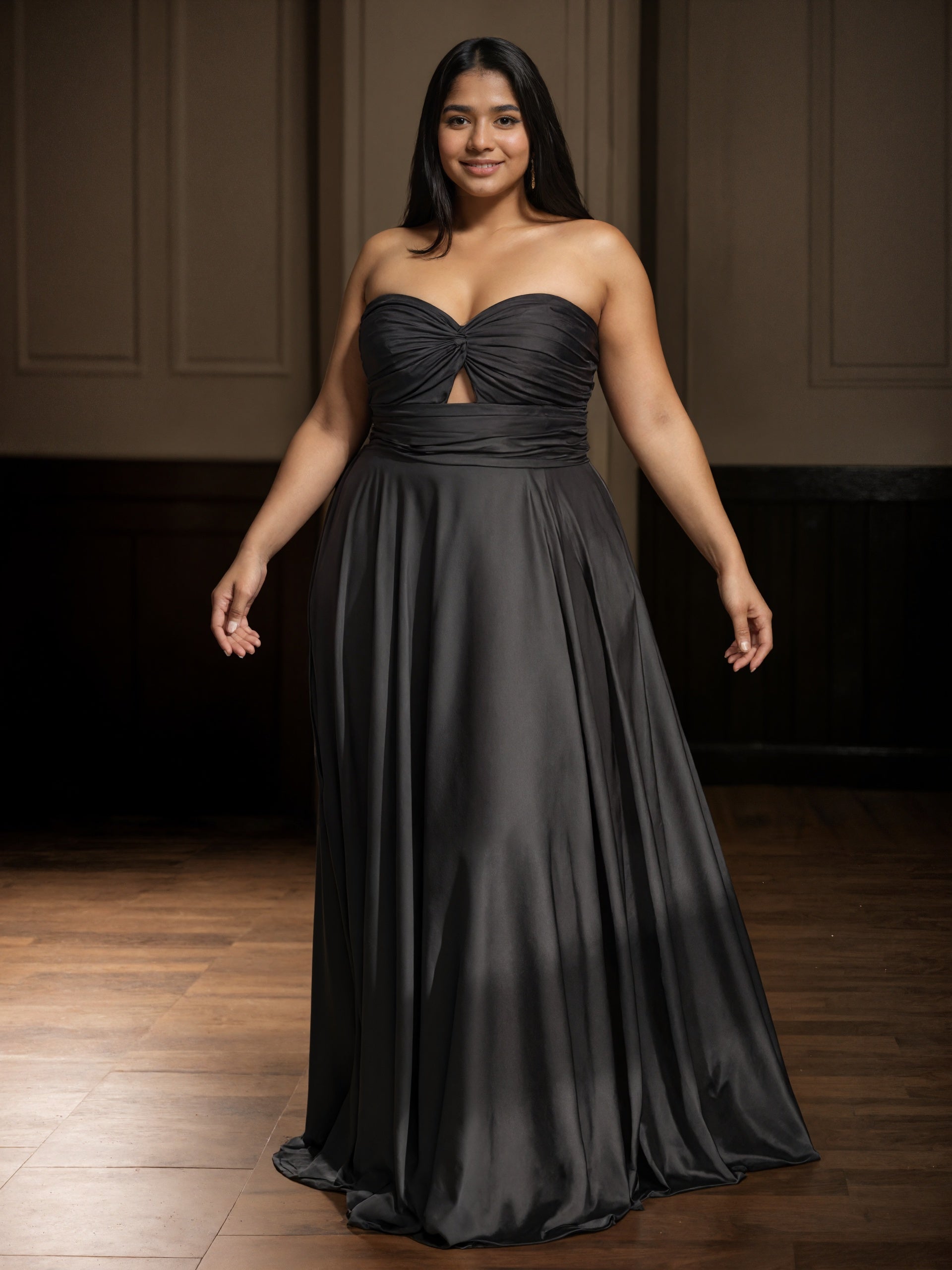 Robe de Bal Noire Longue Sans Bretelles Grande Taille avec Plissés et Sans Manches