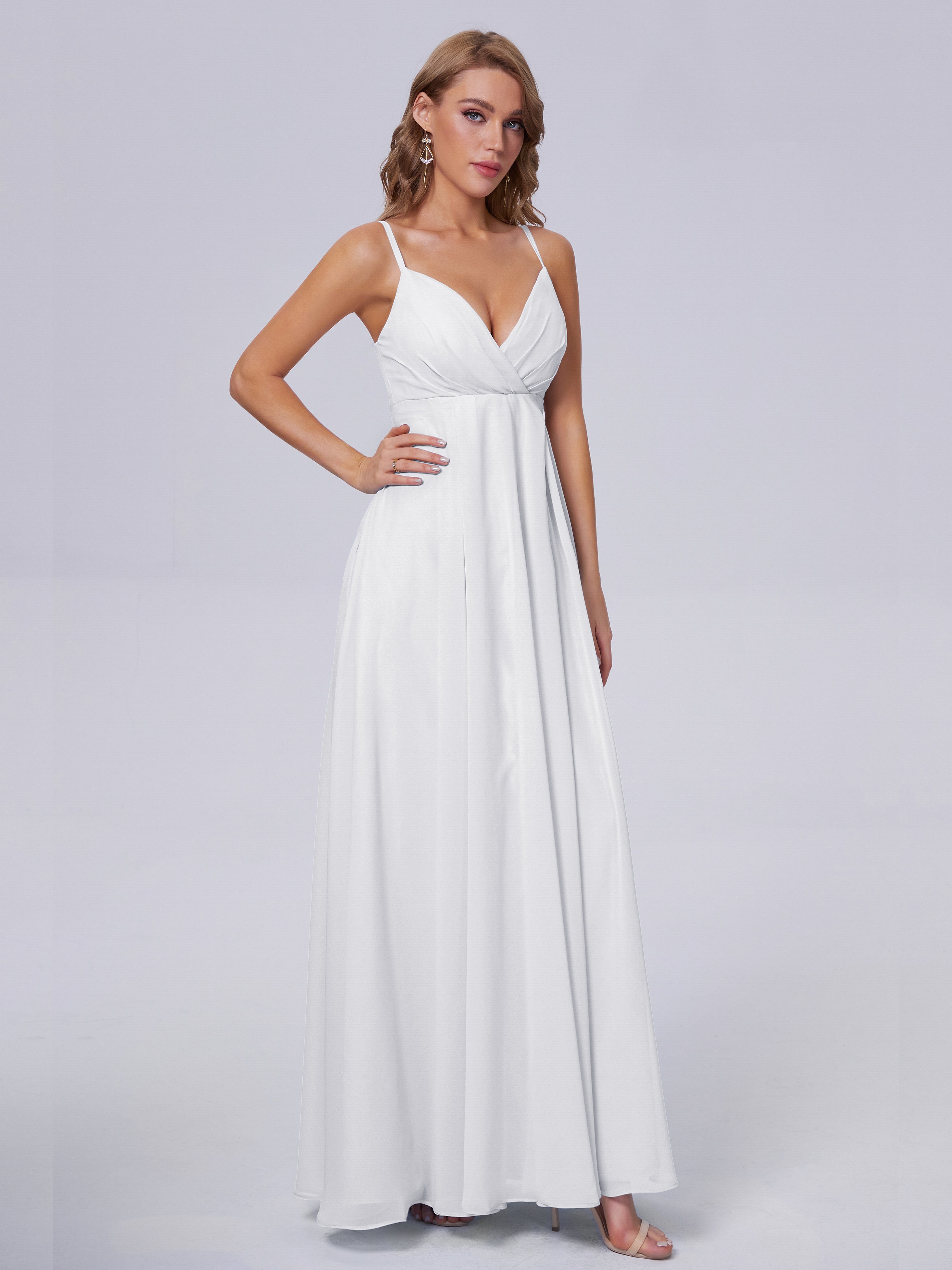 Robe Longue Blanche Demoiselle D Honneur Classique Bretelles Spaghetti Mousseline Robes Demoiselle D'Honneur