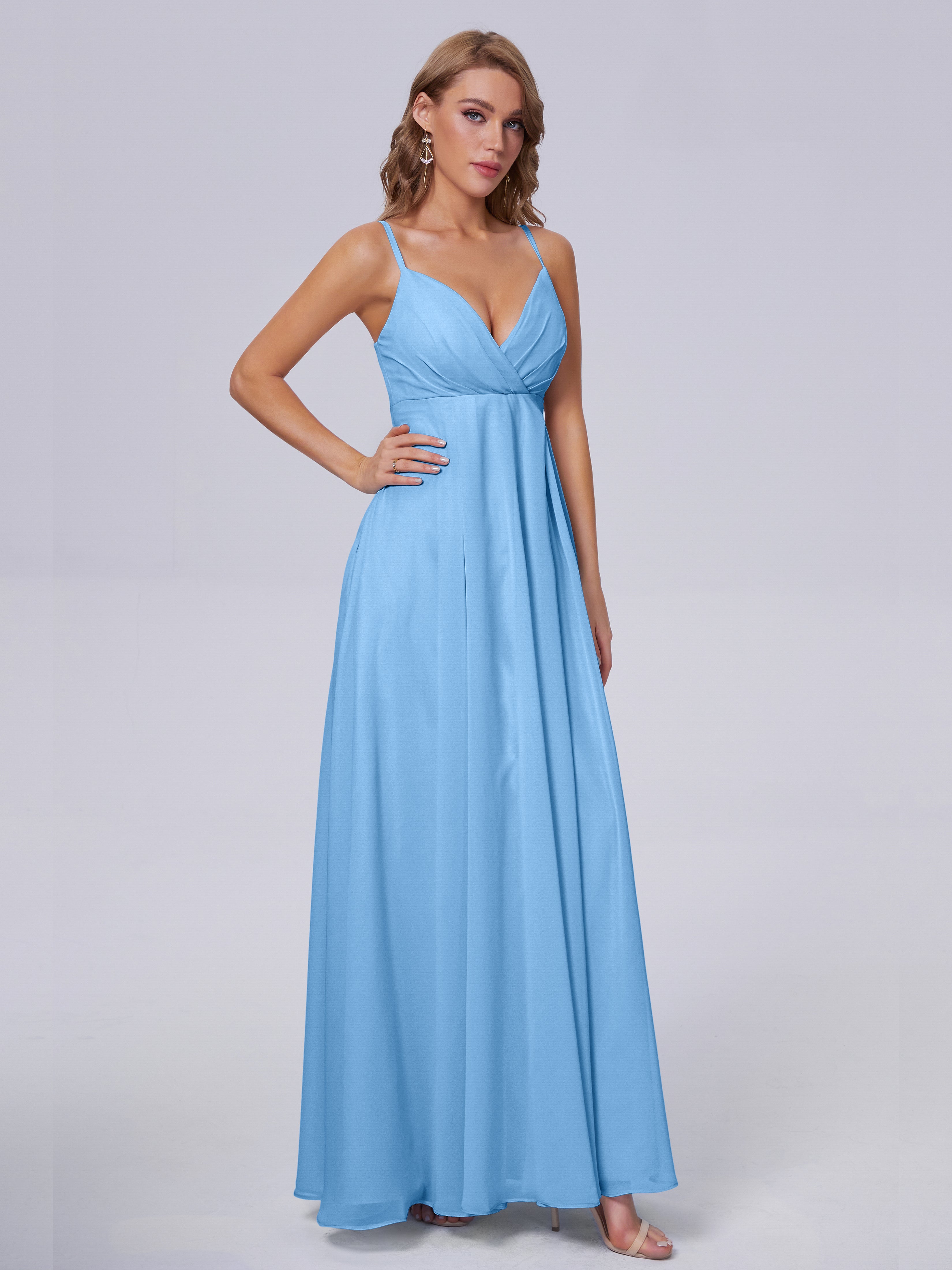 Demoiselle D Honneur Bleu Classique Bretelles Spaghetti Mousseline Robes Demoiselle D'Honneur
