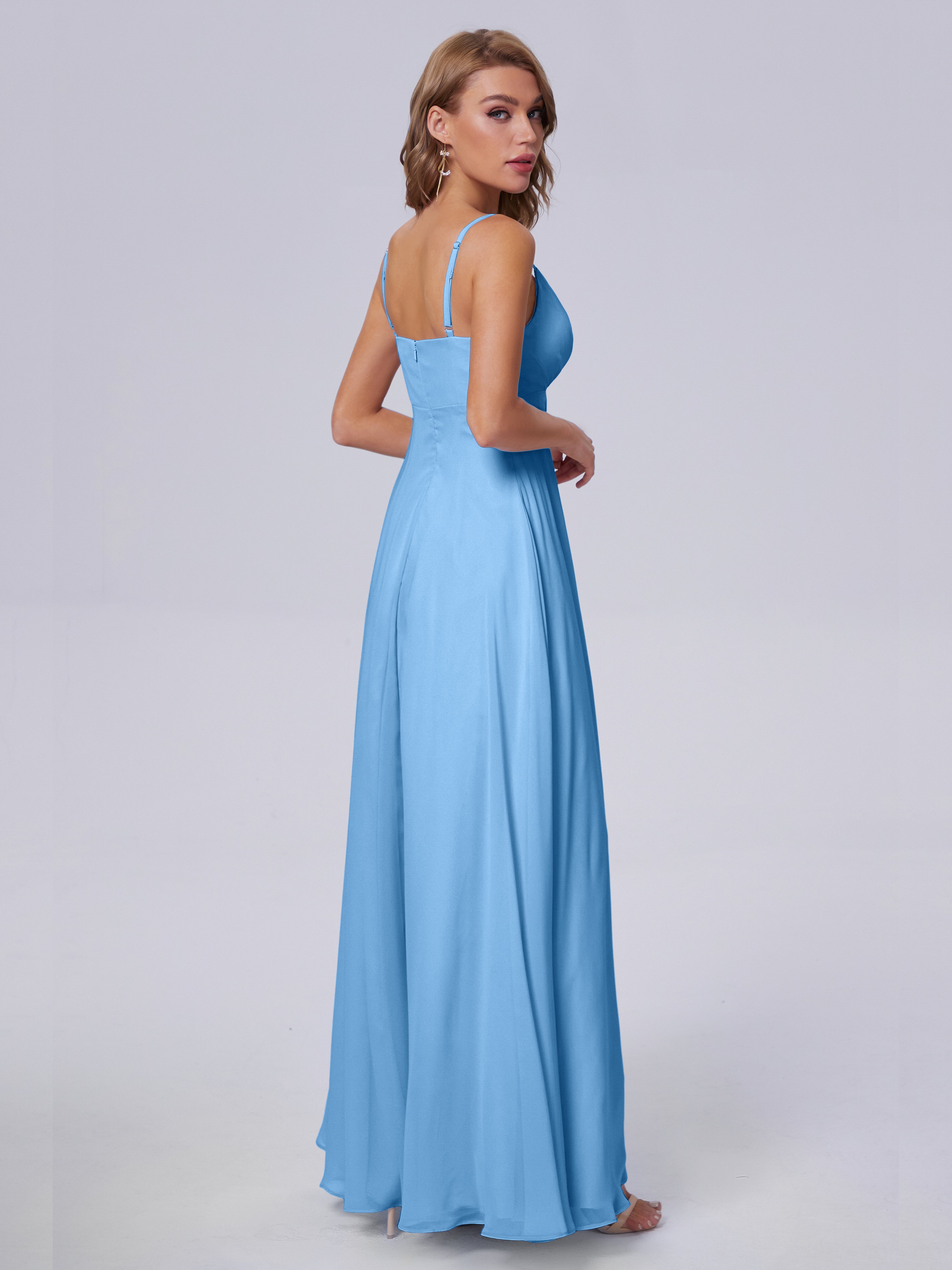 Demoiselle D Honneur Bleu Classique Bretelles Spaghetti Mousseline Robes Demoiselle D'Honneur