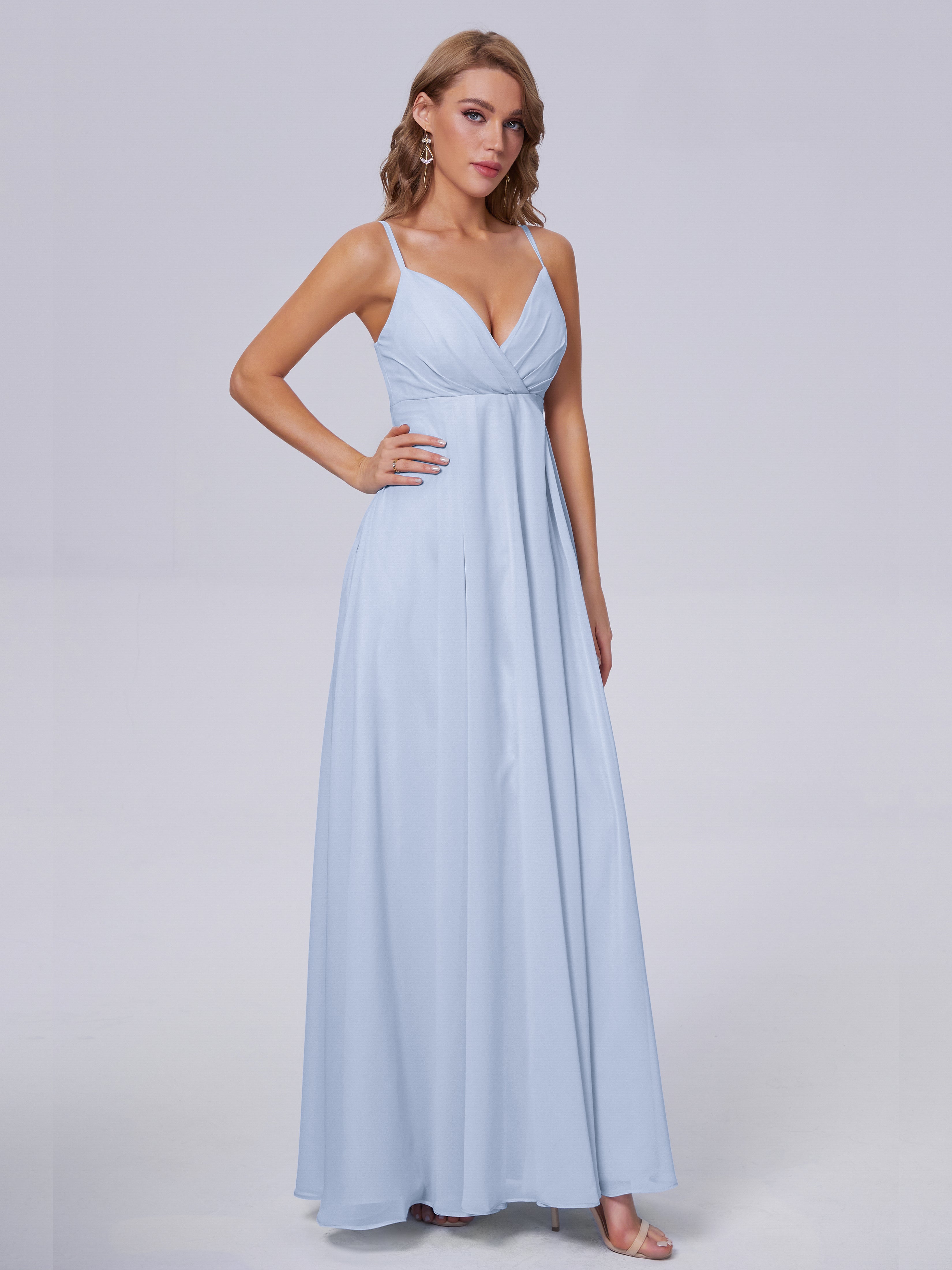 Demoiselle D Honneur Bleu Ciel Classique Bretelles Spaghetti Mousseline Robes Demoiselle D'Honneur