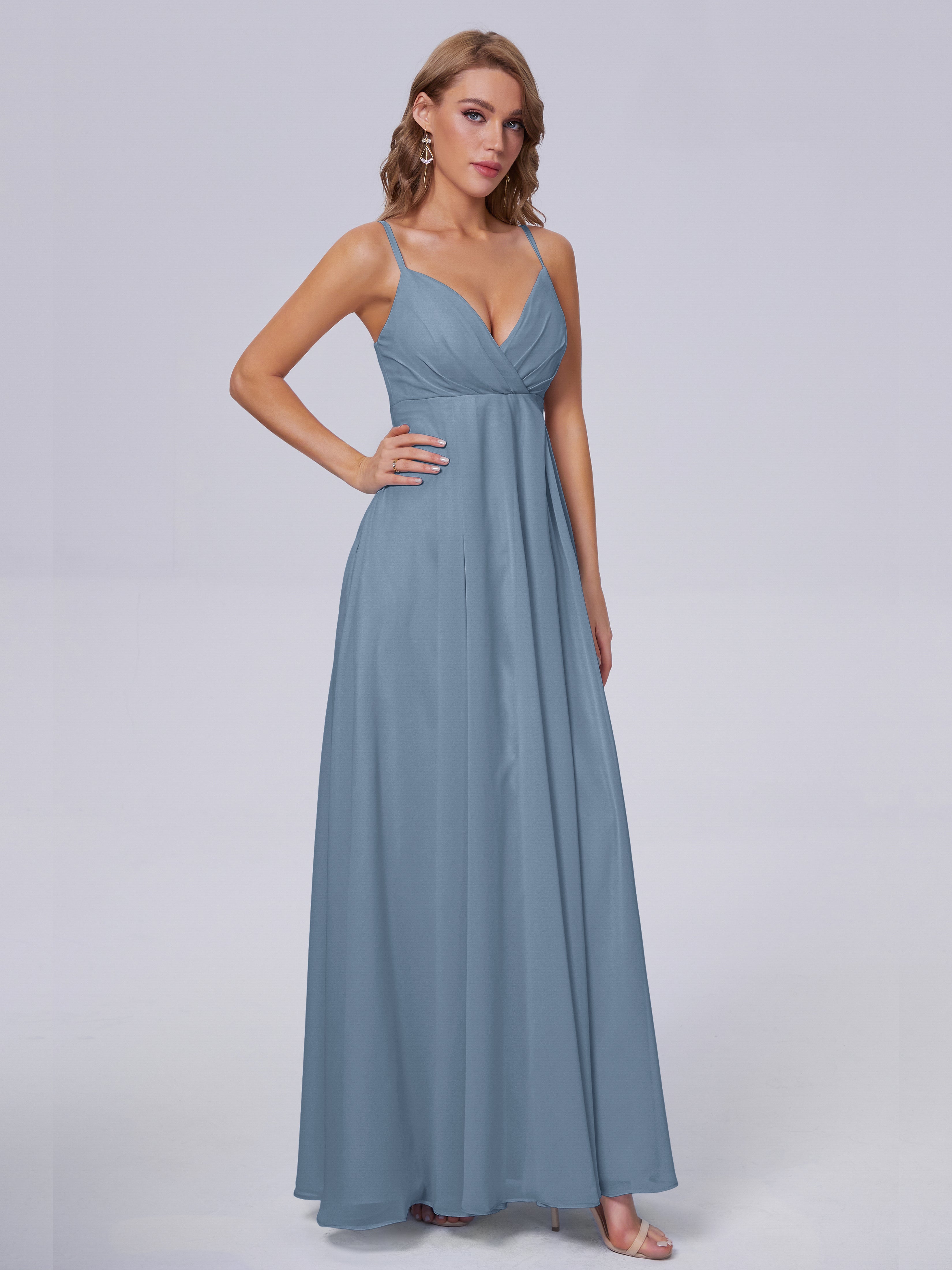 Robes De Demoiselle D'Honneur Bleu De Schiste Classique Bretelles Spaghetti Mousseline Robes Demoiselle D'Honneur