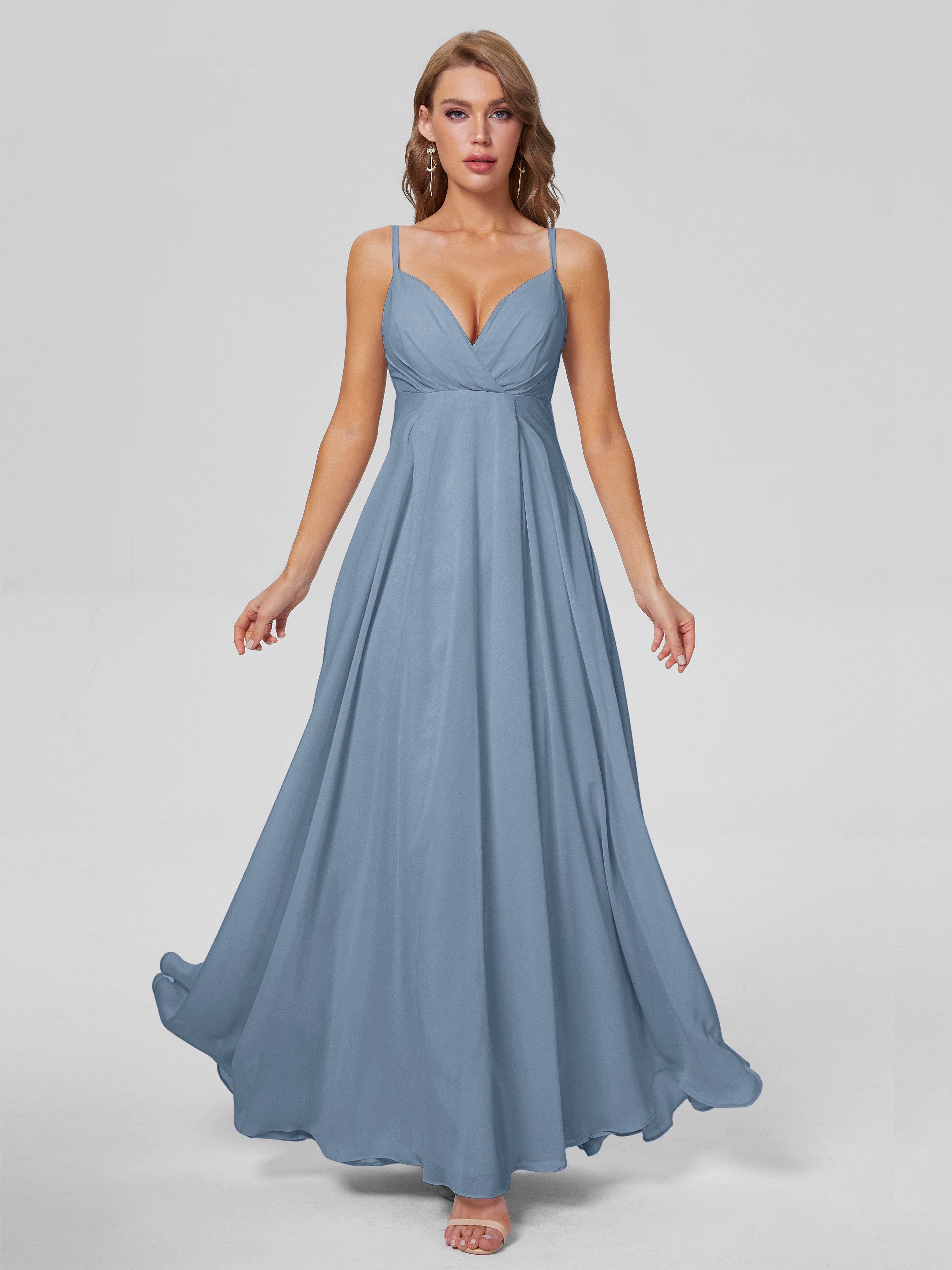Robes De Demoiselle D'Honneur Bleu De Schiste Classique Bretelles Spaghetti Mousseline Robes Demoiselle D'Honneur