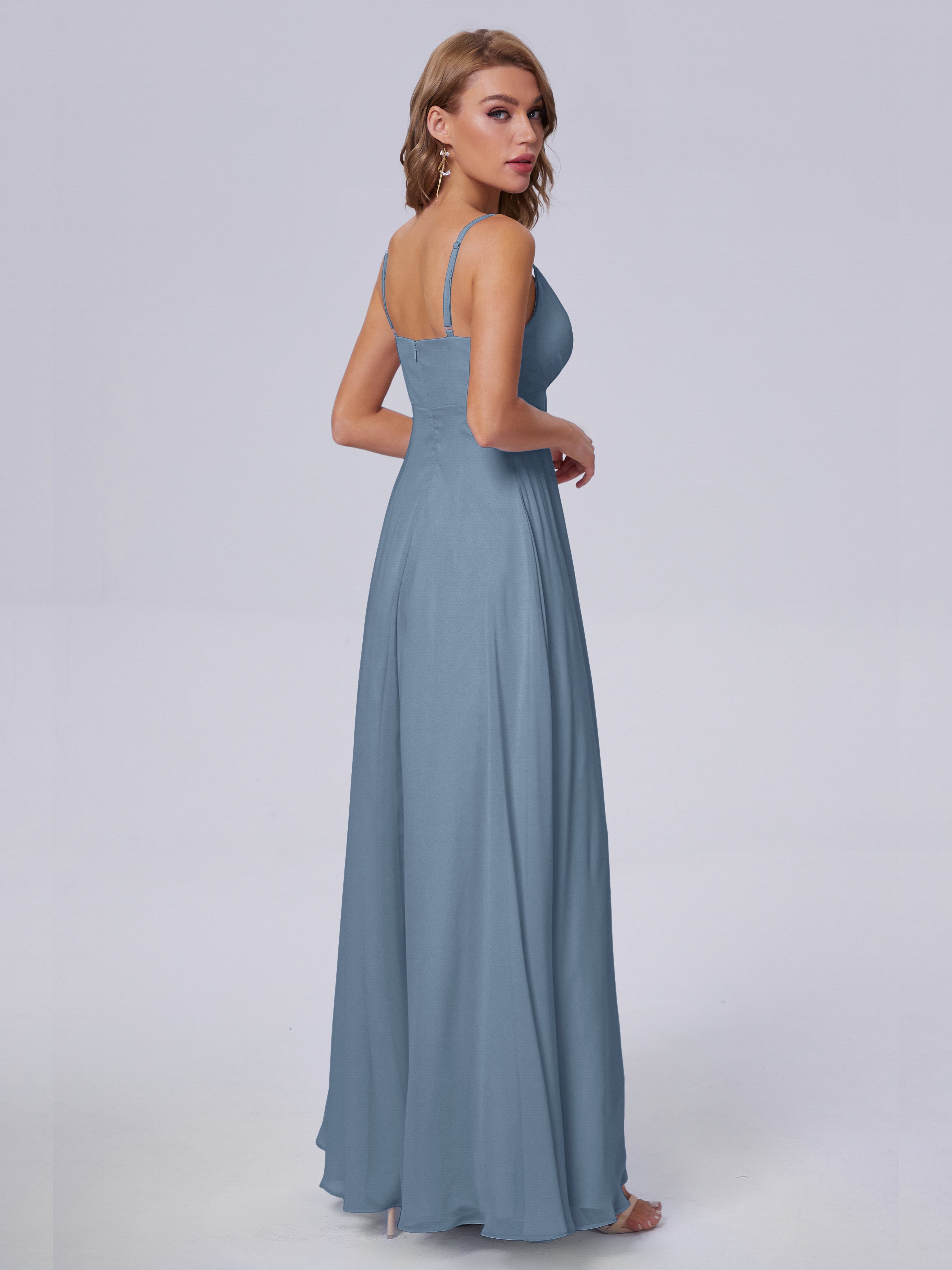 Robes De Demoiselle D'Honneur Bleu De Schiste Classique Bretelles Spaghetti Mousseline Robes Demoiselle D'Honneur
