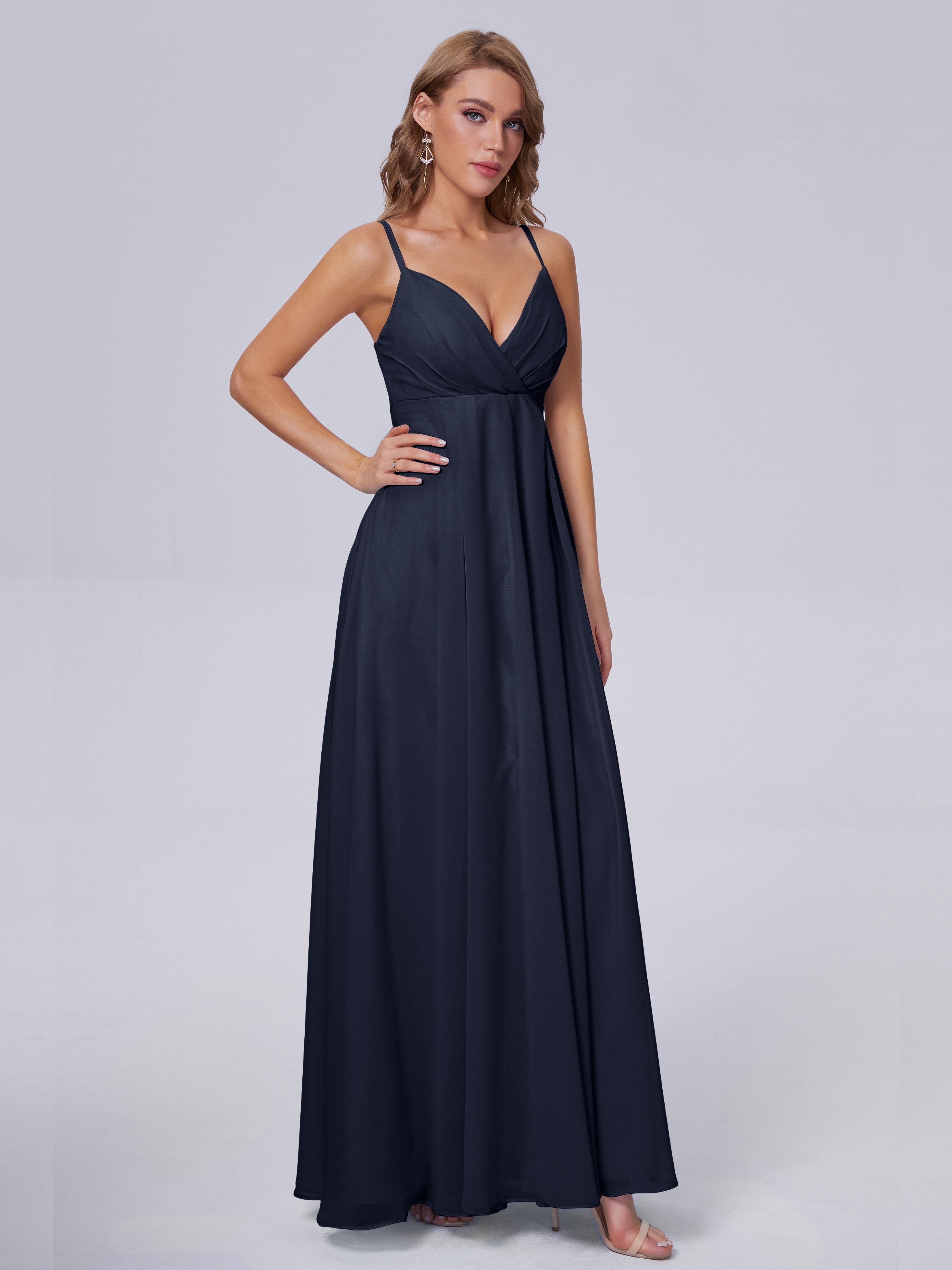 Robes De Demoiselle D'Honneur Bleu Marine Modestes Classique Bretelles Spaghetti Mousseline Robes Demoiselle D'Honneur