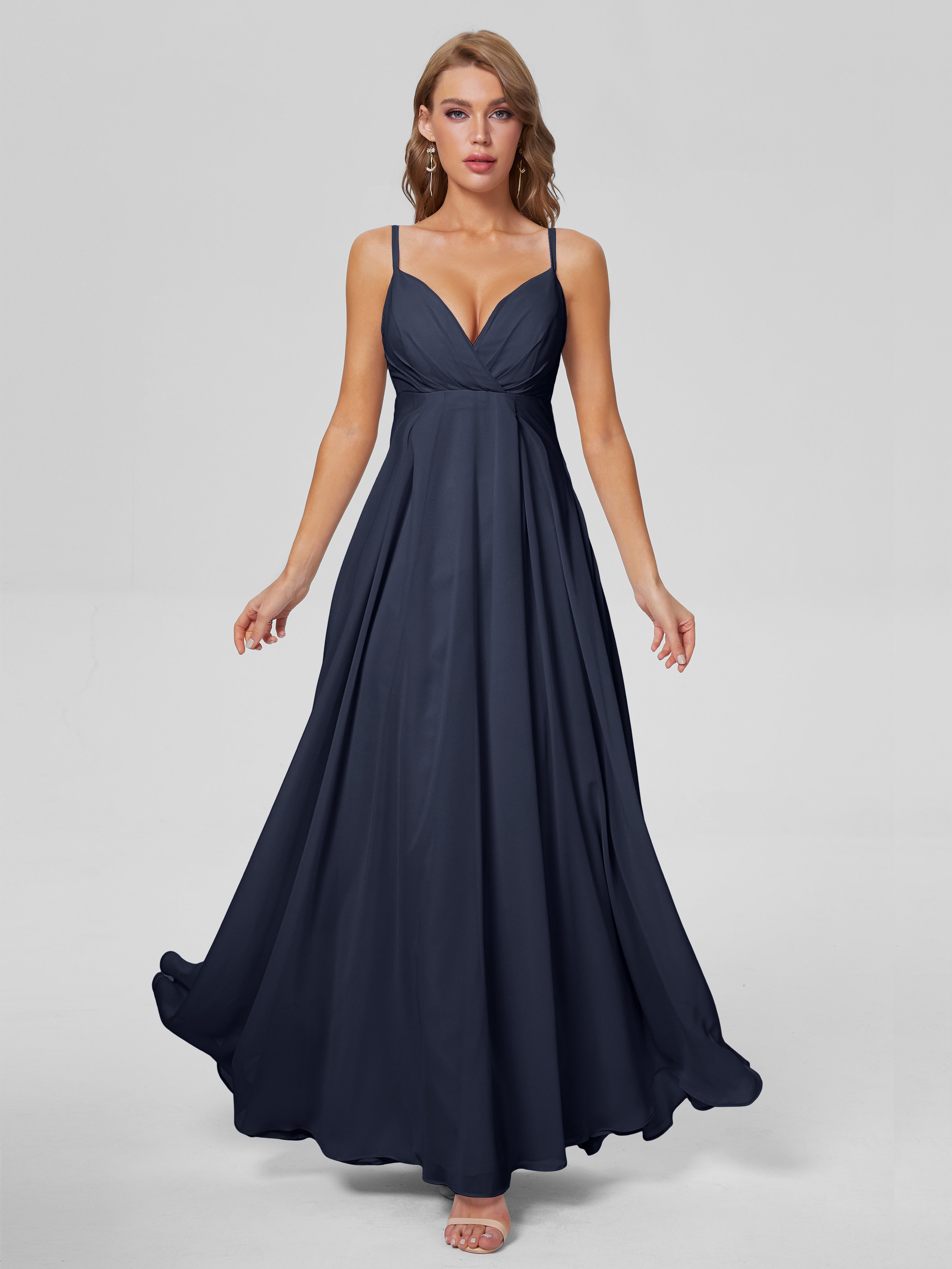 Robes De Demoiselle D'Honneur Bleu Marine Modestes Classique Bretelles Spaghetti Mousseline Robes Demoiselle D'Honneur