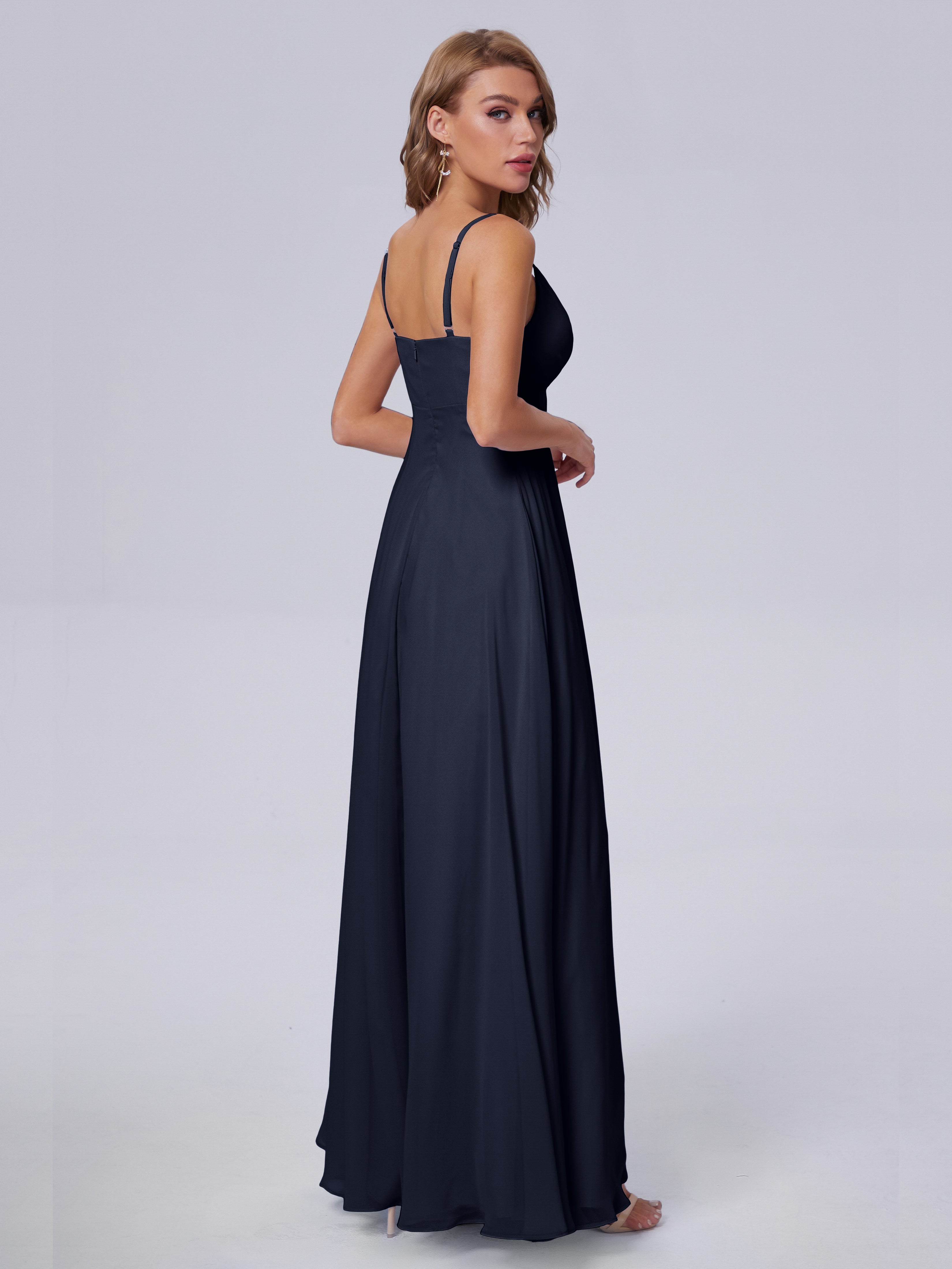 Robes De Demoiselle D'Honneur Bleu Marine Modestes Classique Bretelles Spaghetti Mousseline Robes Demoiselle D'Honneur
