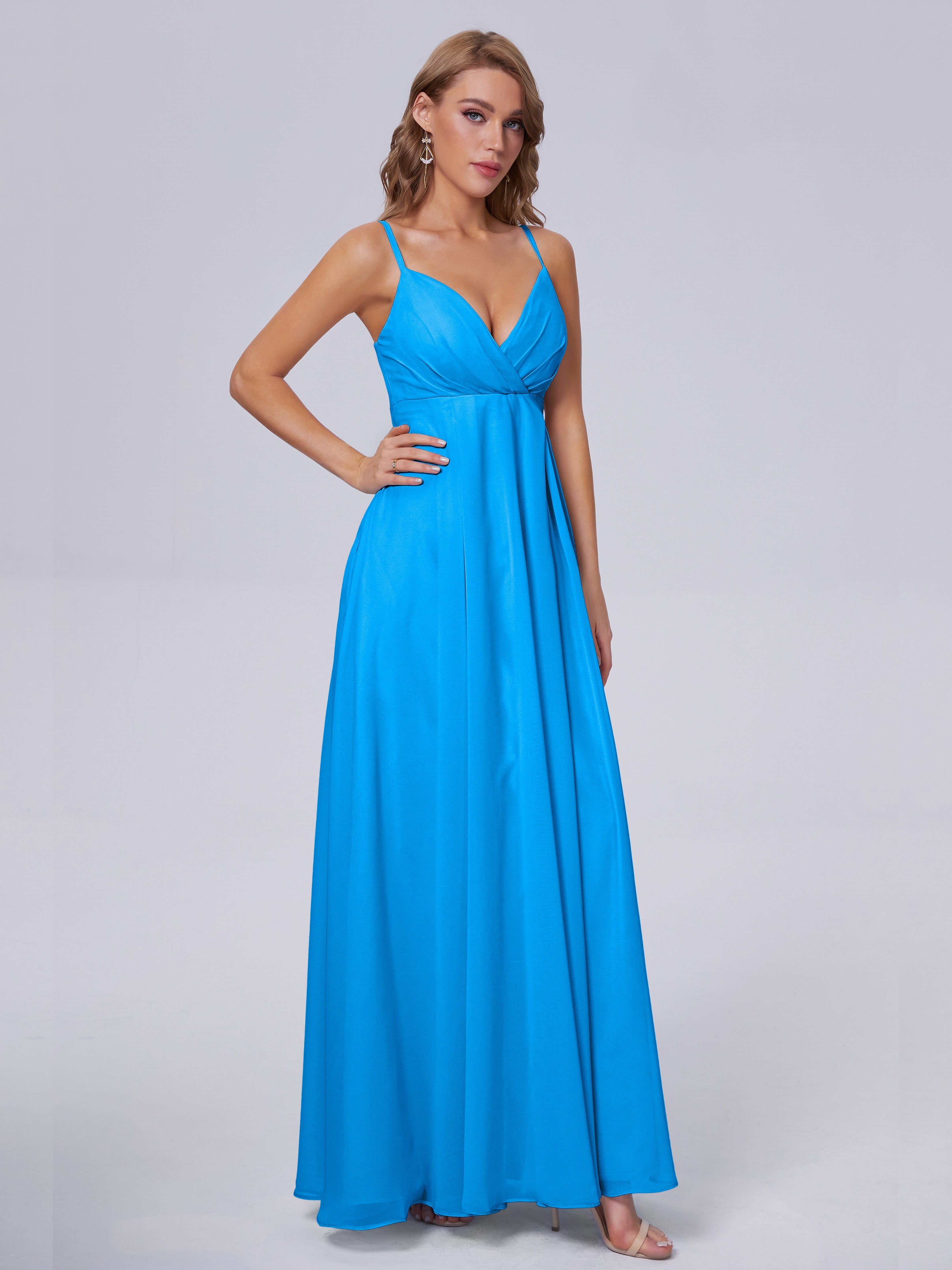 Robes De Demoiselle D'Honneur Bleu Océan Classique Bretelles Spaghetti Mousseline Robes Demoiselle D'Honneur