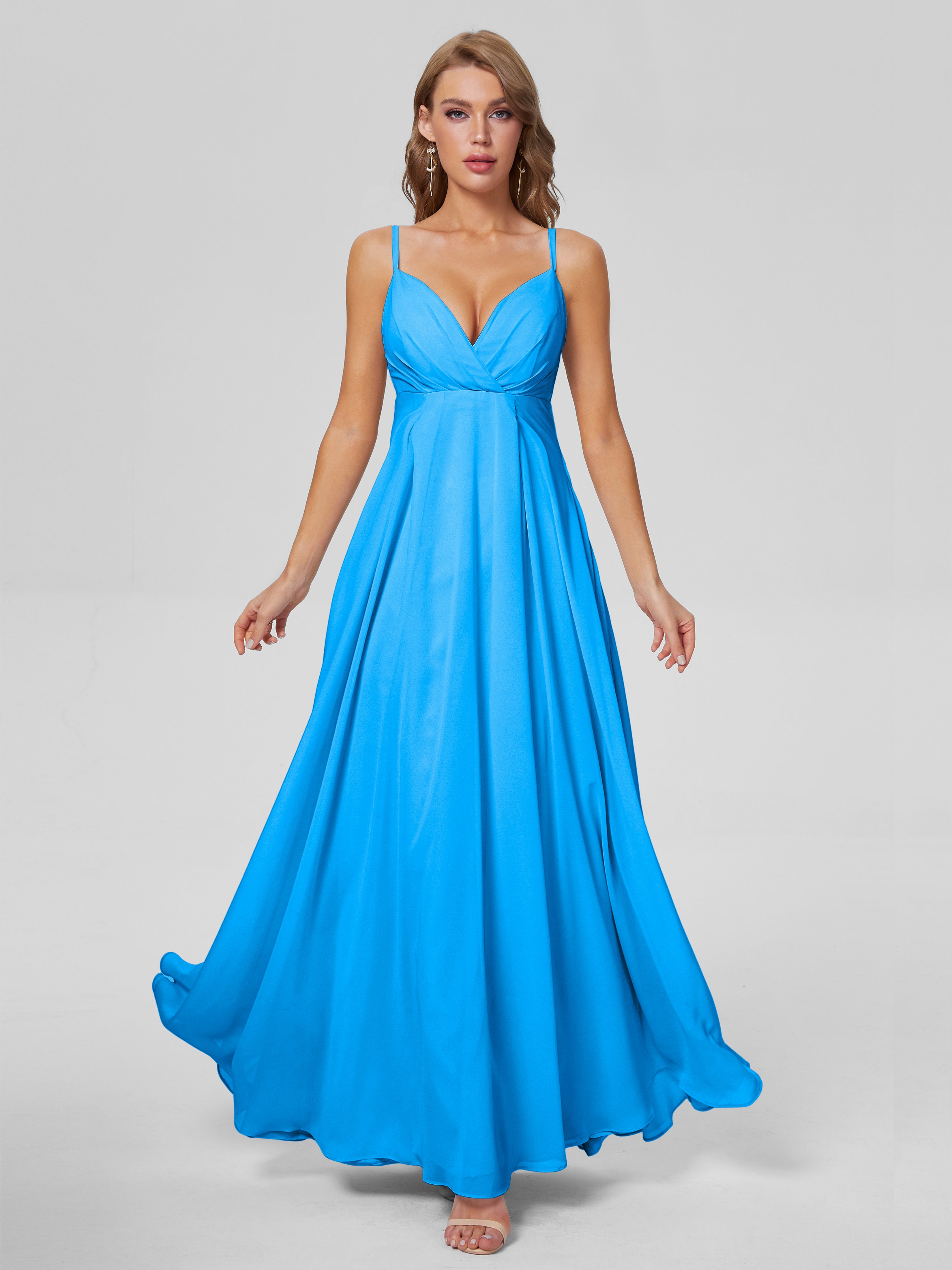 Robes De Demoiselle D'Honneur Bleu Océan Classique Bretelles Spaghetti Mousseline Robes Demoiselle D'Honneur