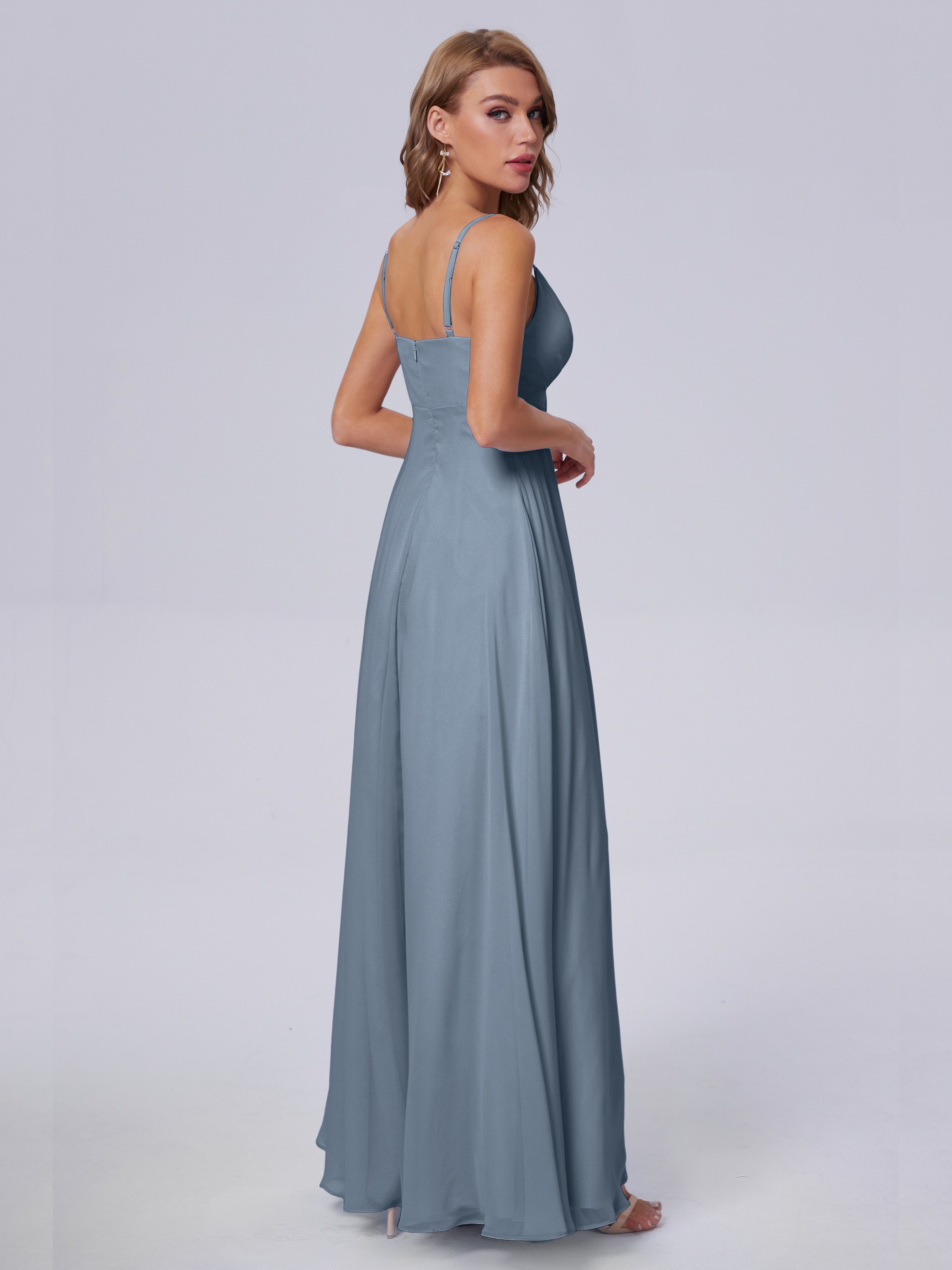 Robe Demoiselle D Honneur Bleu Poussiereux Classique Bretelles Spaghetti Mousseline Robes Demoiselle D'Honneur
