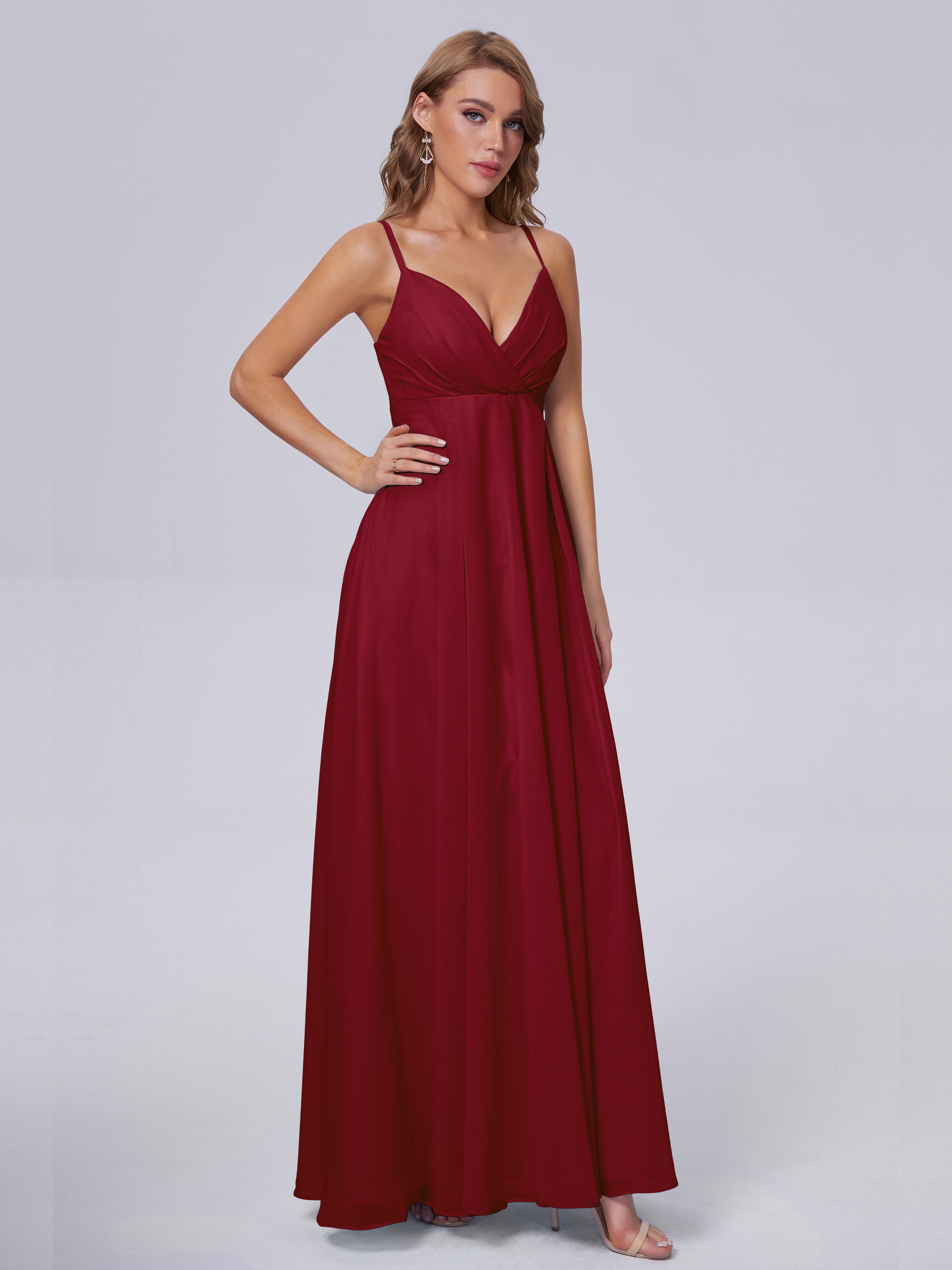 Robe Bordeaux Demoiselle D Honneur Classique Bretelles Spaghetti Mousseline Robes Demoiselle D'Honneur