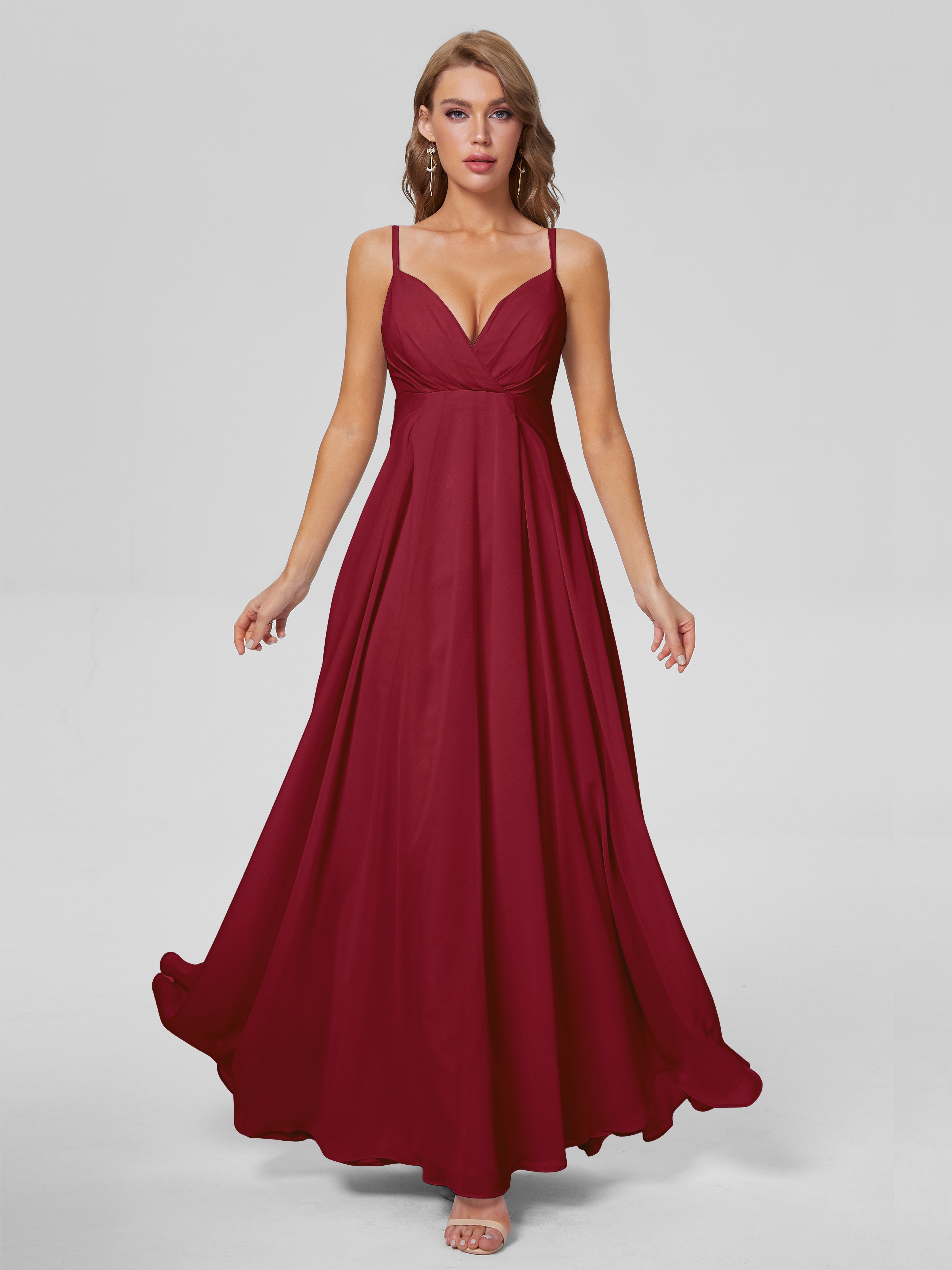 Robe Bordeaux Demoiselle D Honneur Classique Bretelles Spaghetti Mousseline Robes Demoiselle D'Honneur